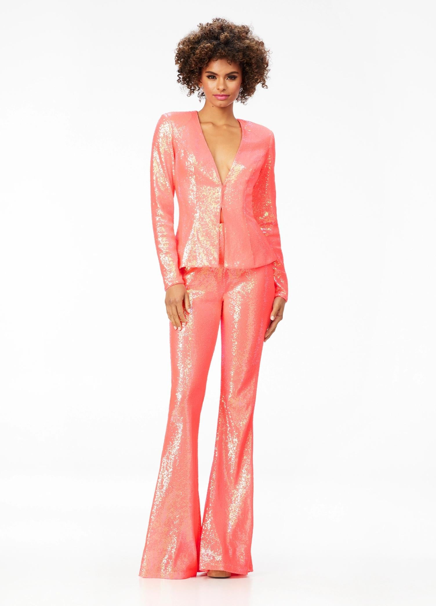 Coral ASHLEYlauren 11223 – A stunning two-piece suit featuring a plunging sequin V-neckline blazer paired with fit & flare style pants. Perfect for making a bold, fashion-forward statement at your next event.