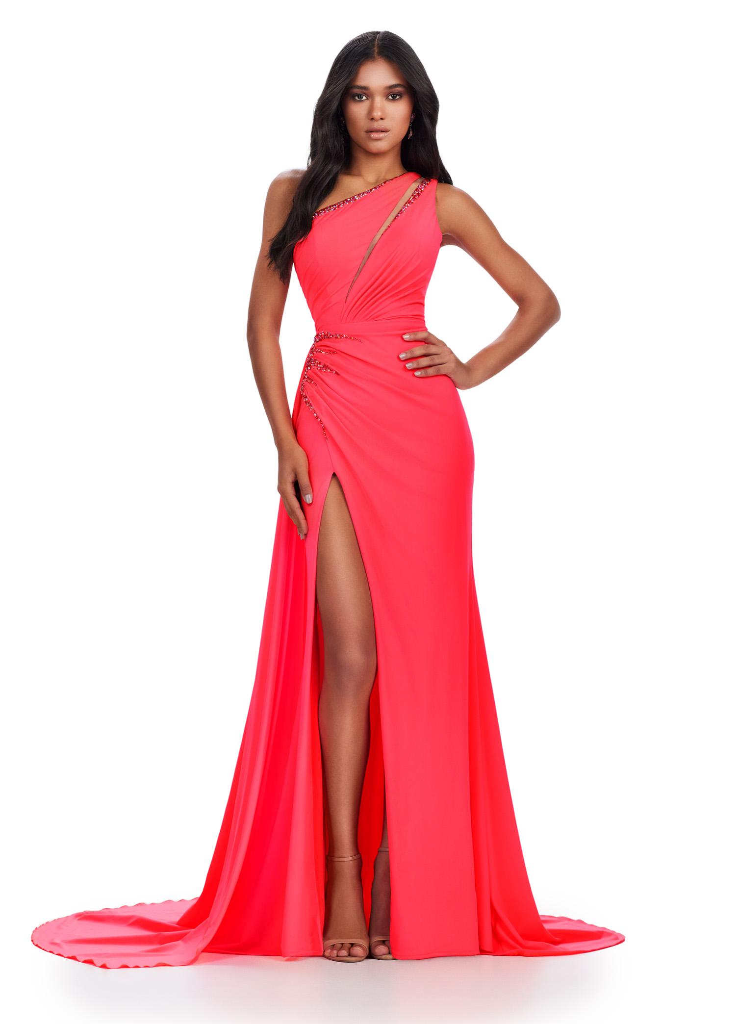 Coral ASHLEYlauren 11539 One Shoulder Jersey Gown with Crystal Accents, Lace Up Back, Cut Outs, and Dramatic Side Skirt