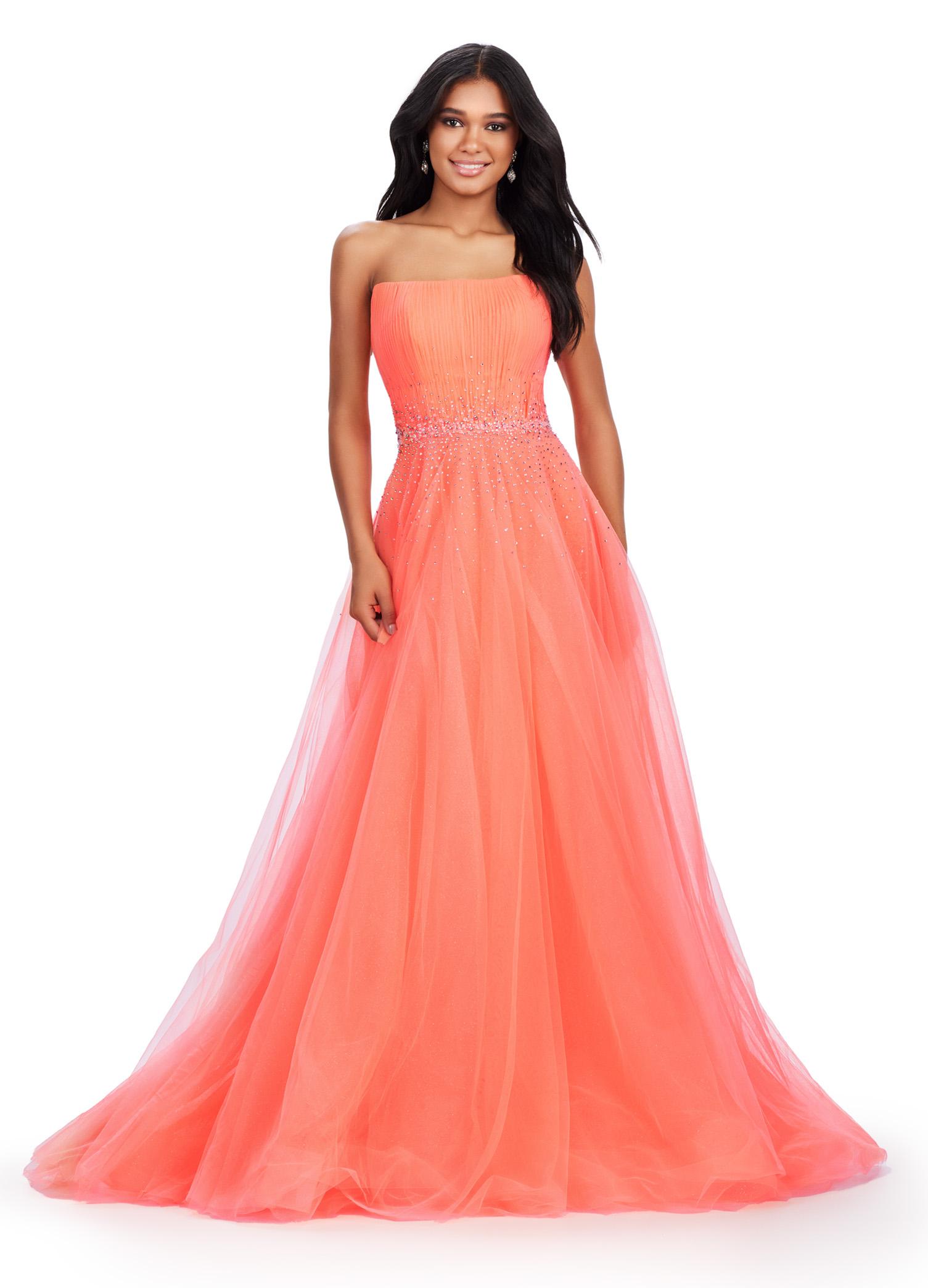 Coral ASHLEYlauren 11597 Strapless Glitter Tulle Ball Gown with Sparkling Trickle Beaded Belt and Voluminous Princess Skirt