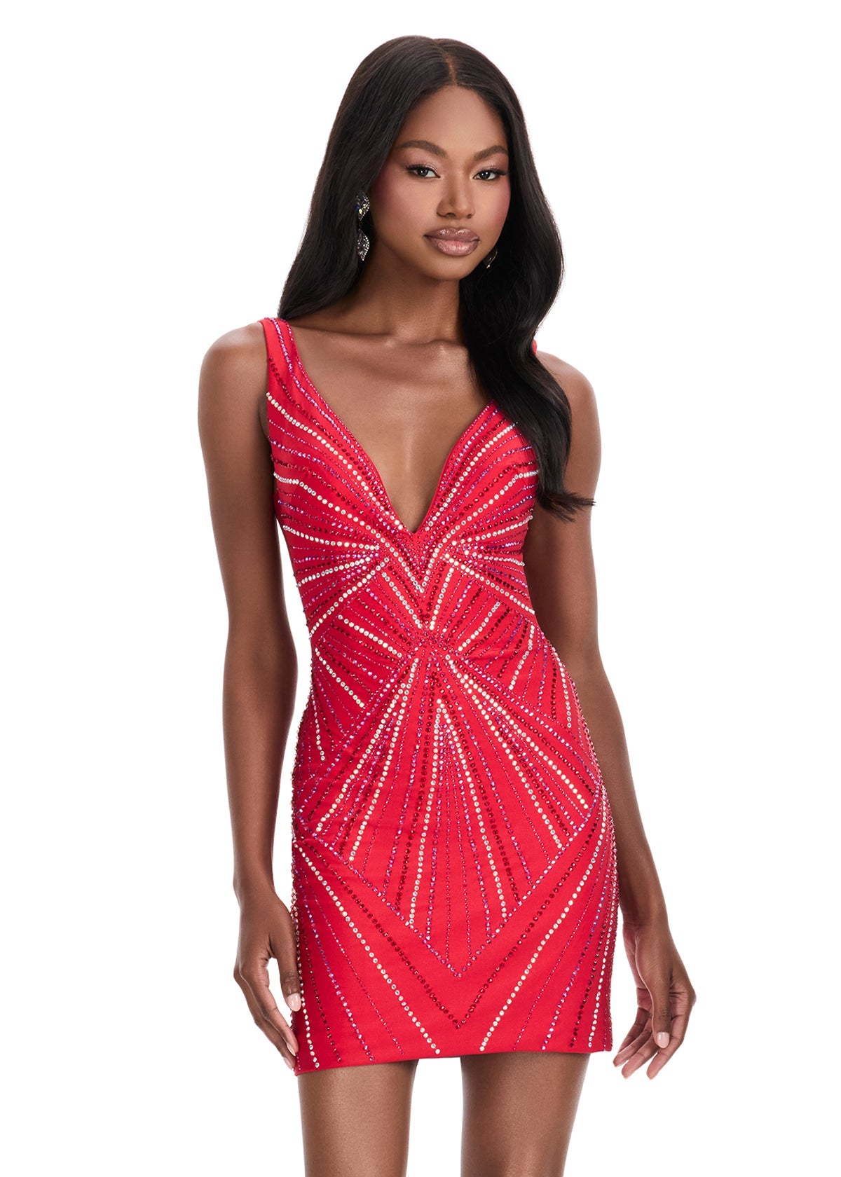 ASHLEYlauren 4723 V Neck Stone Detail Cocktail Dress