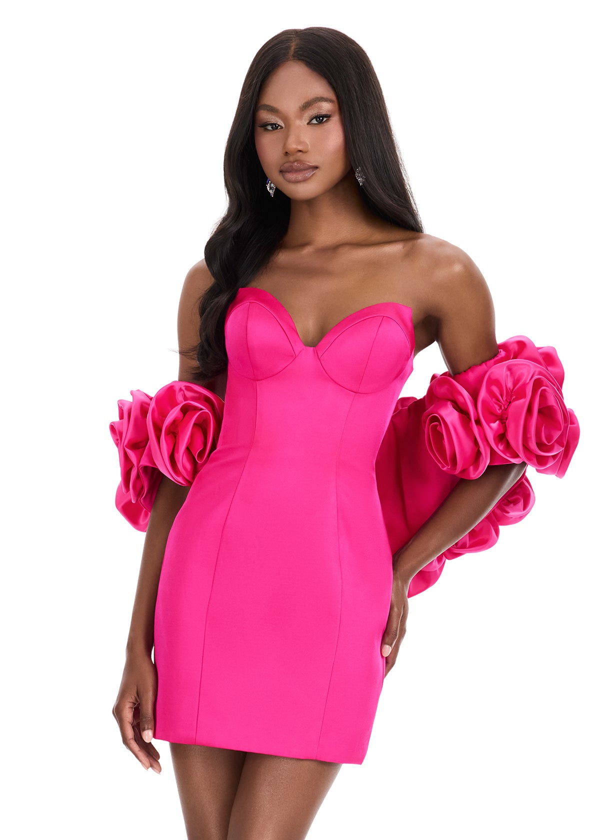 ASHLEYlauren 4832 – Satin Sweetheart Mini with Floral Puff Sleeves