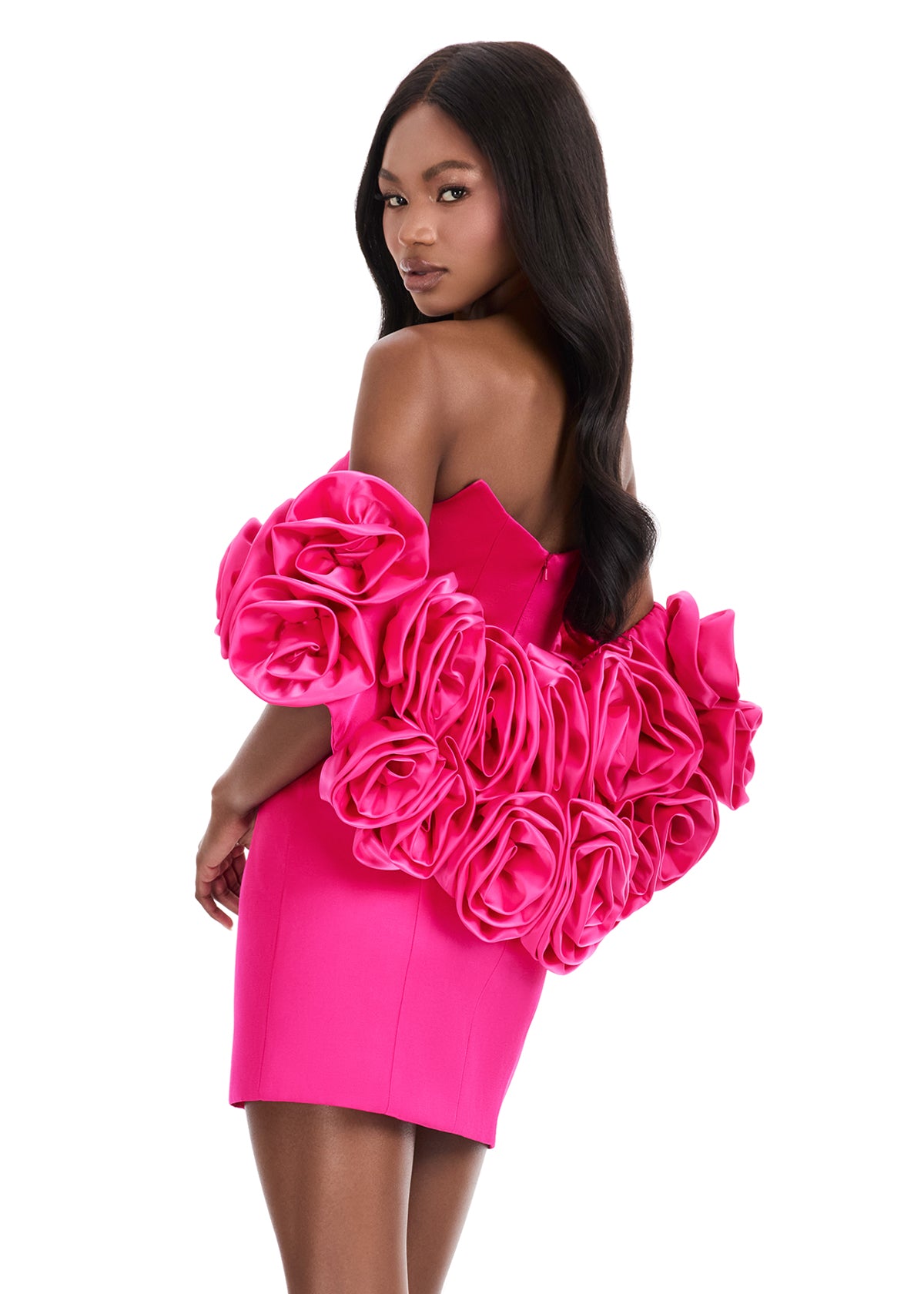 ASHLEYlauren 4832 – Satin Sweetheart Mini with Floral Puff Sleeves