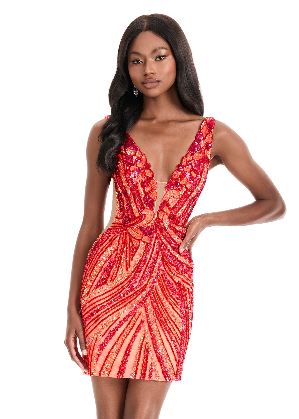 ASHLEYlauren 4893 – Fully Beaded Plunge Mini Dress with Open Back