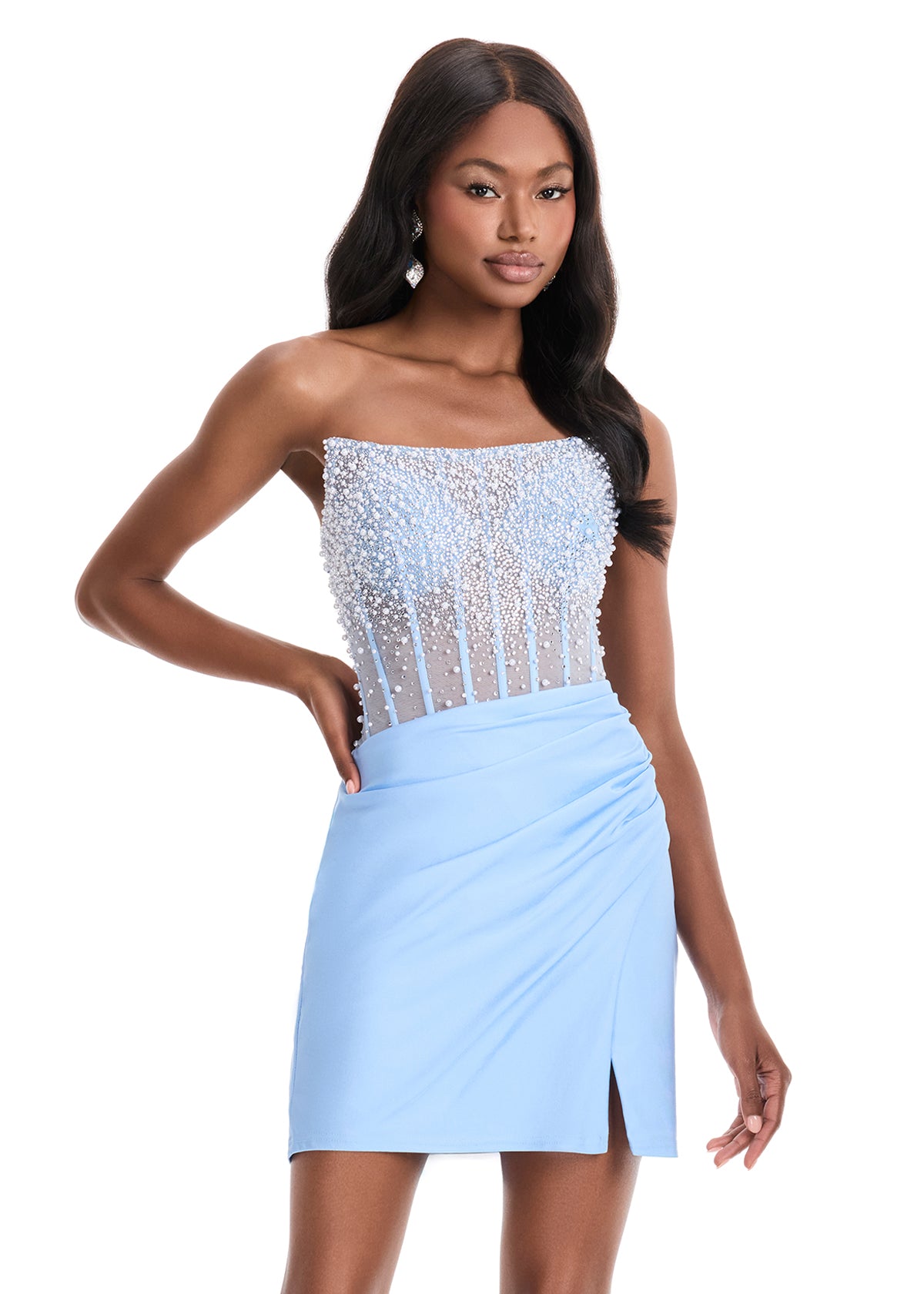 ASHLEYlauren 4923 Beaded Mesh Bodice Fitted Jersey Mini Dress ASHLEYlauren 4923 Beaded Mesh Bodice Fitted Jersey Mini Dress