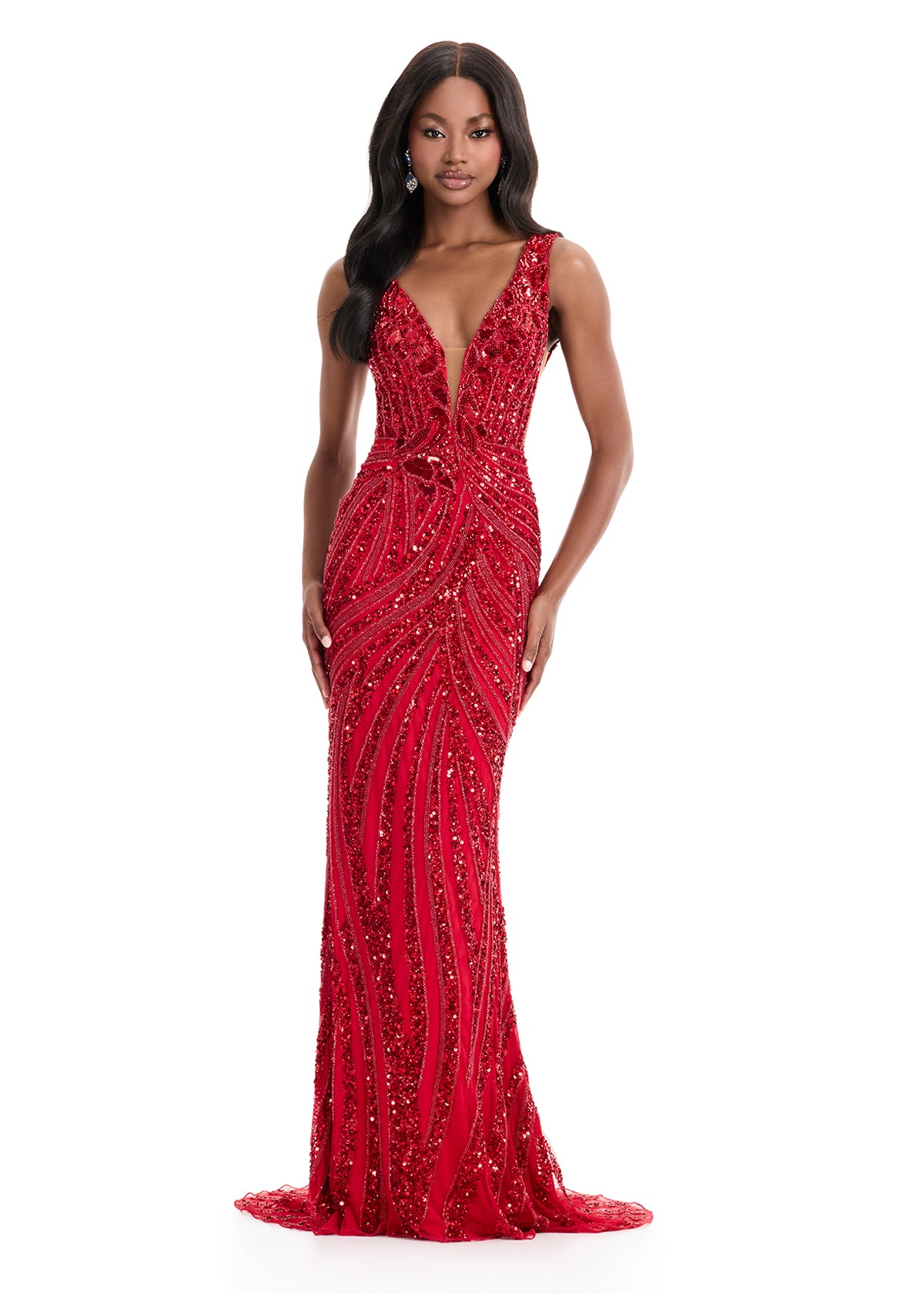 ASHLEYlauren 11980 Fully Beaded Gown with Illusion Cutouts