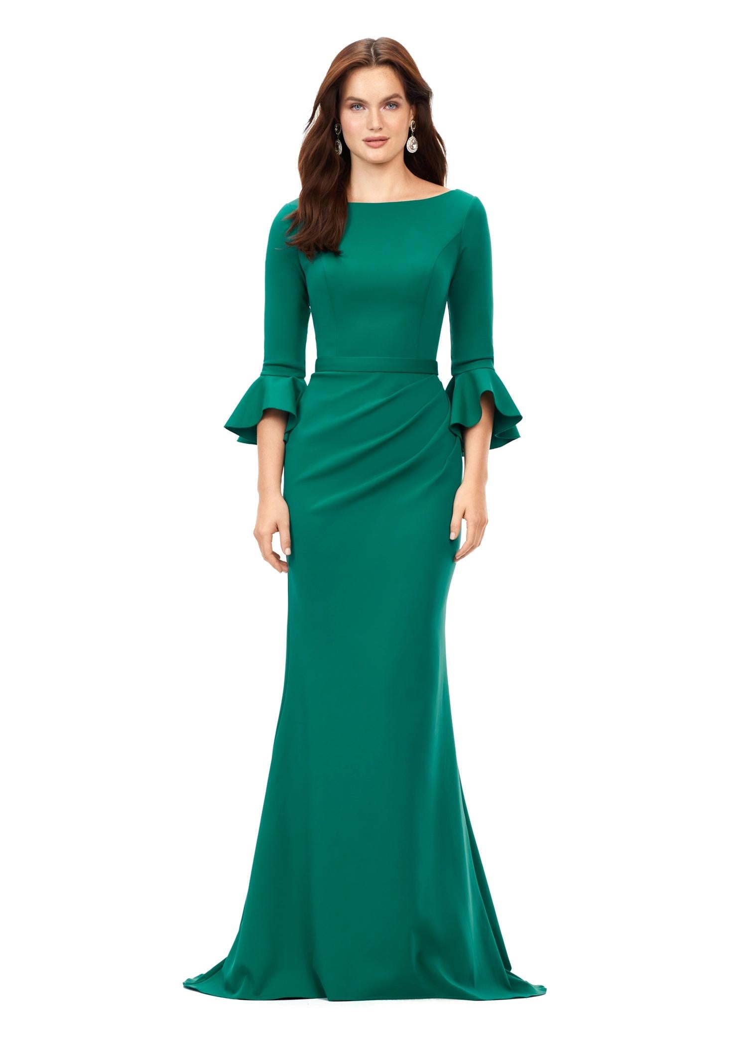 Dark Emerald ASHLEYlauren 11325 Timeless Evening Gown with Scoop Neckline, Flutter Three Quarter Length Sleeves, Ruched Detailing, and Flowing Sweep Train