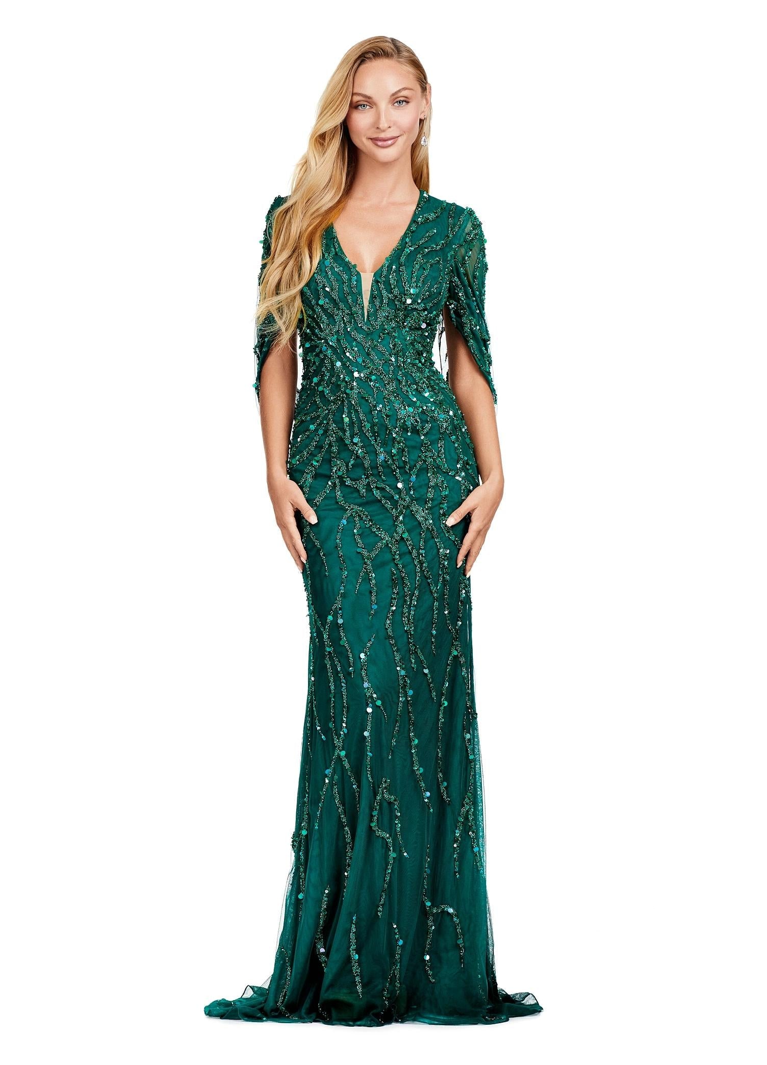 Dark Emerald ASHLEYlauren 11430 High Fashion Fully Beaded Fitted Gown with Elegant V-Neckline and Statement Cape Sleeves