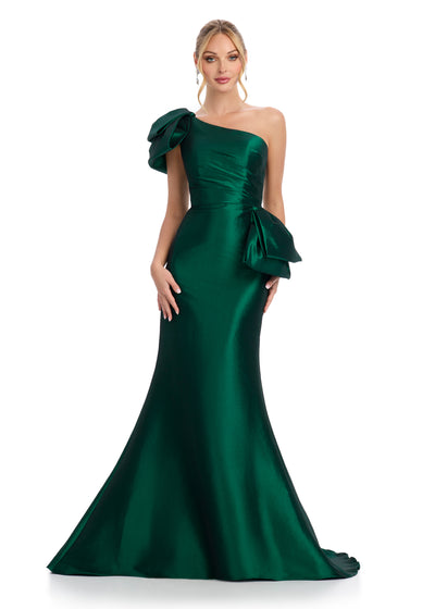 Dark Emerald ASHLEYlauren 11722 Elegant One Shoulder Fitted Mermaid Gown in Taffeta with Statement Ruffles at Hip and Neckline and Ruched Bustier