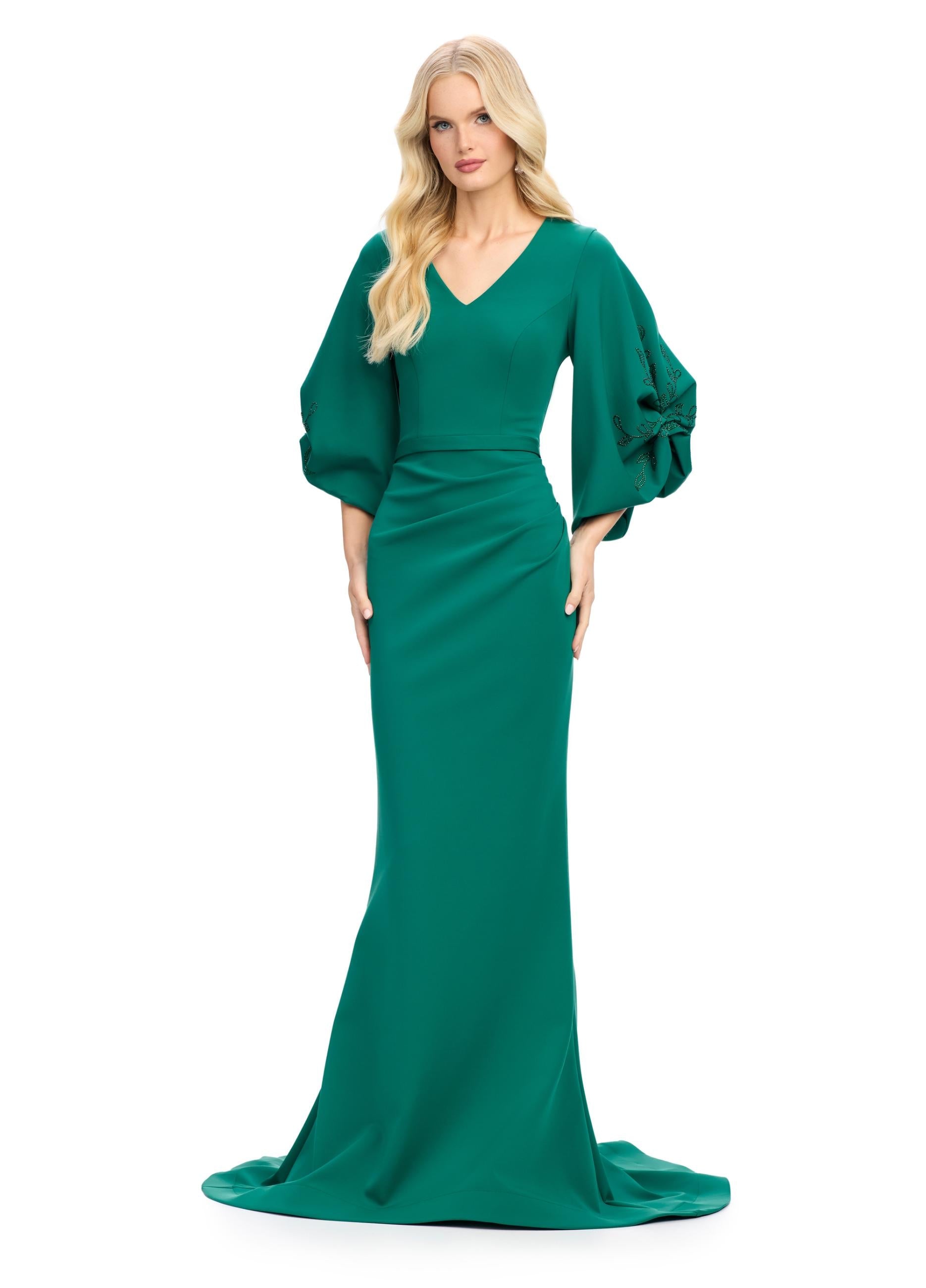 Dark Emerald ASHLEYlauren 11740 Timeless Fitted Scuba Gown with Elegant V-Neckline, Embellished Balloon Sleeves, Press On Stone Accents, and Wrap Skirt Design