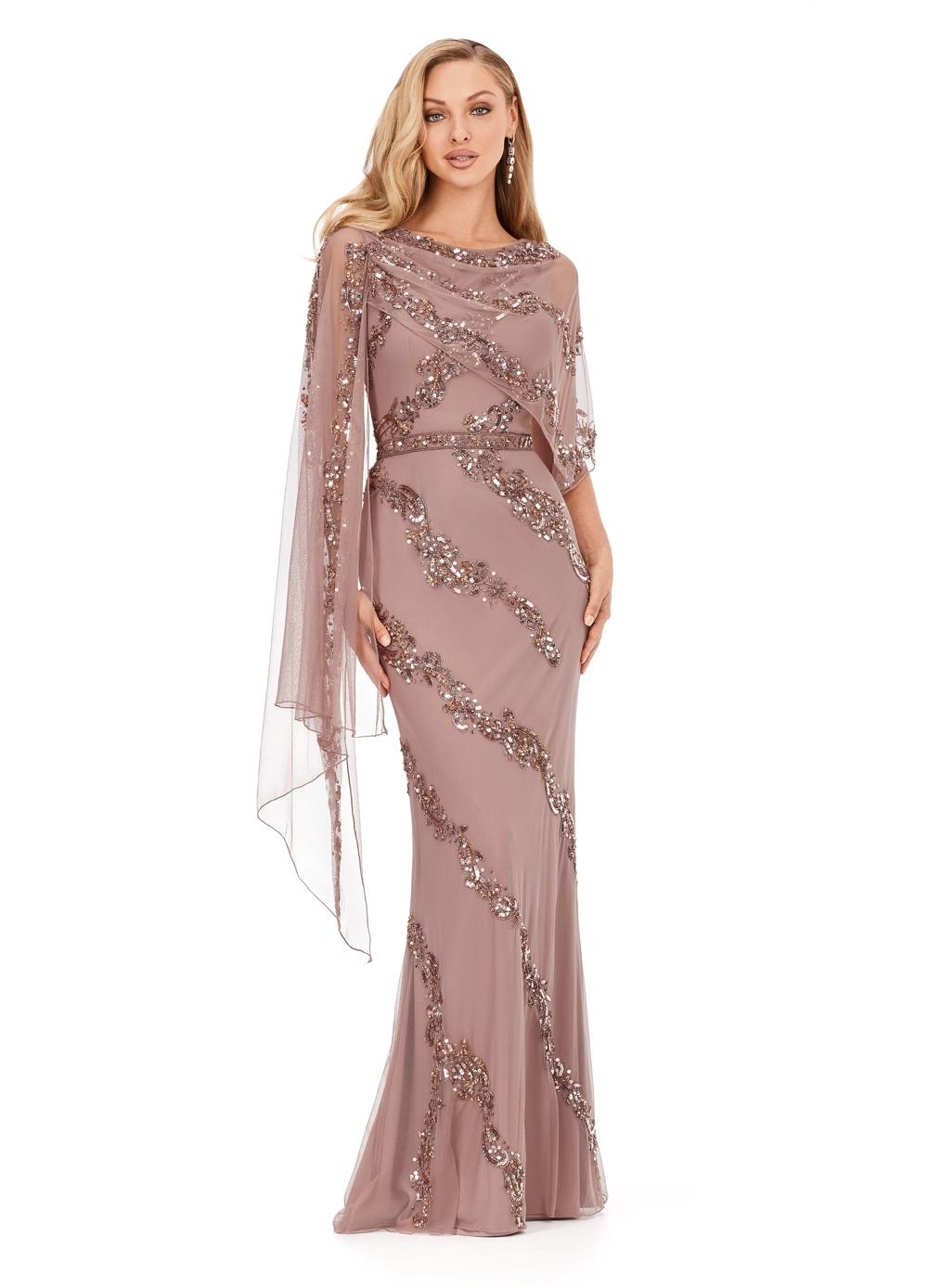 Dark Taupe ASHLEYlauren 11213 Elegant Hand Beaded Gown with Crew Neckline, Intricate Bead Motif, Asymmetrical Overlay Detail, and High Back