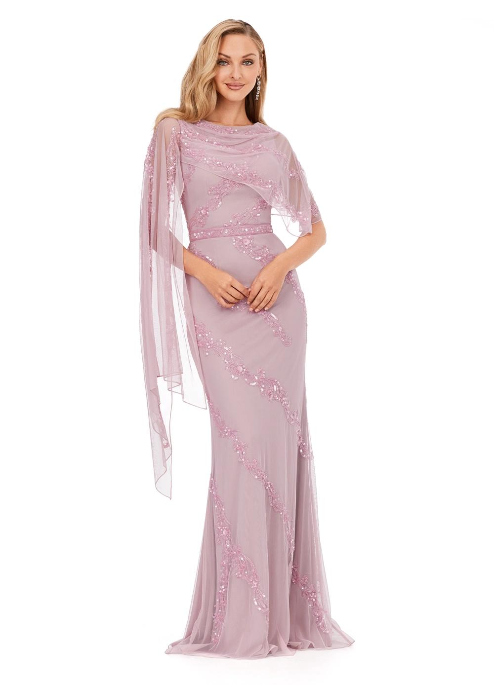 Dusty Rose ASHLEYlauren 11213 Elegant Hand Beaded Gown with Crew Neckline, Intricate Bead Motif, Asymmetrical Overlay Detail, and High Back