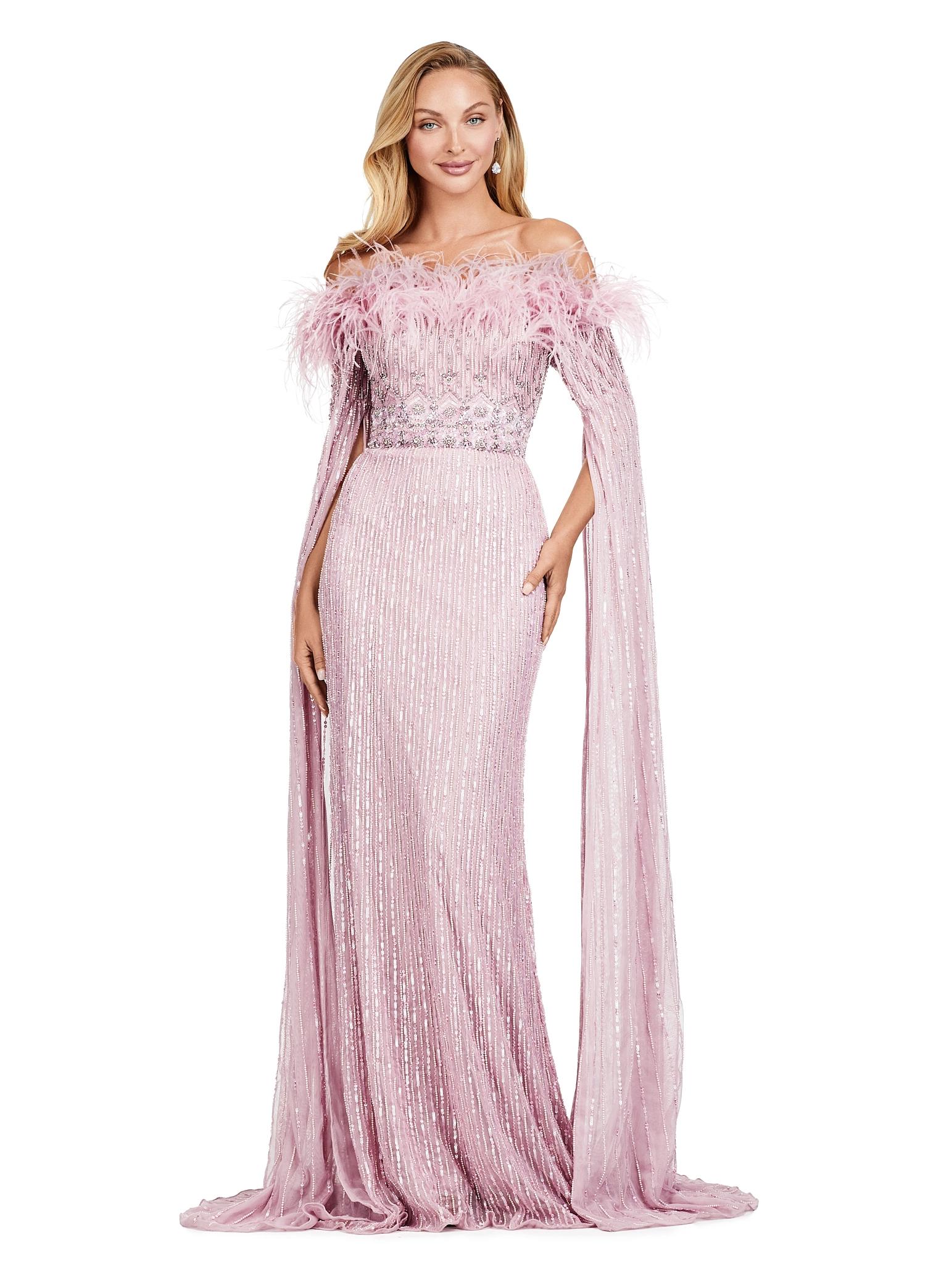 Dusty Rose ASHLEYlauren 11429 Glamorous Fully Beaded Off Shoulder Gown with Dramatic Floor Length Sleeves and Feather Accents