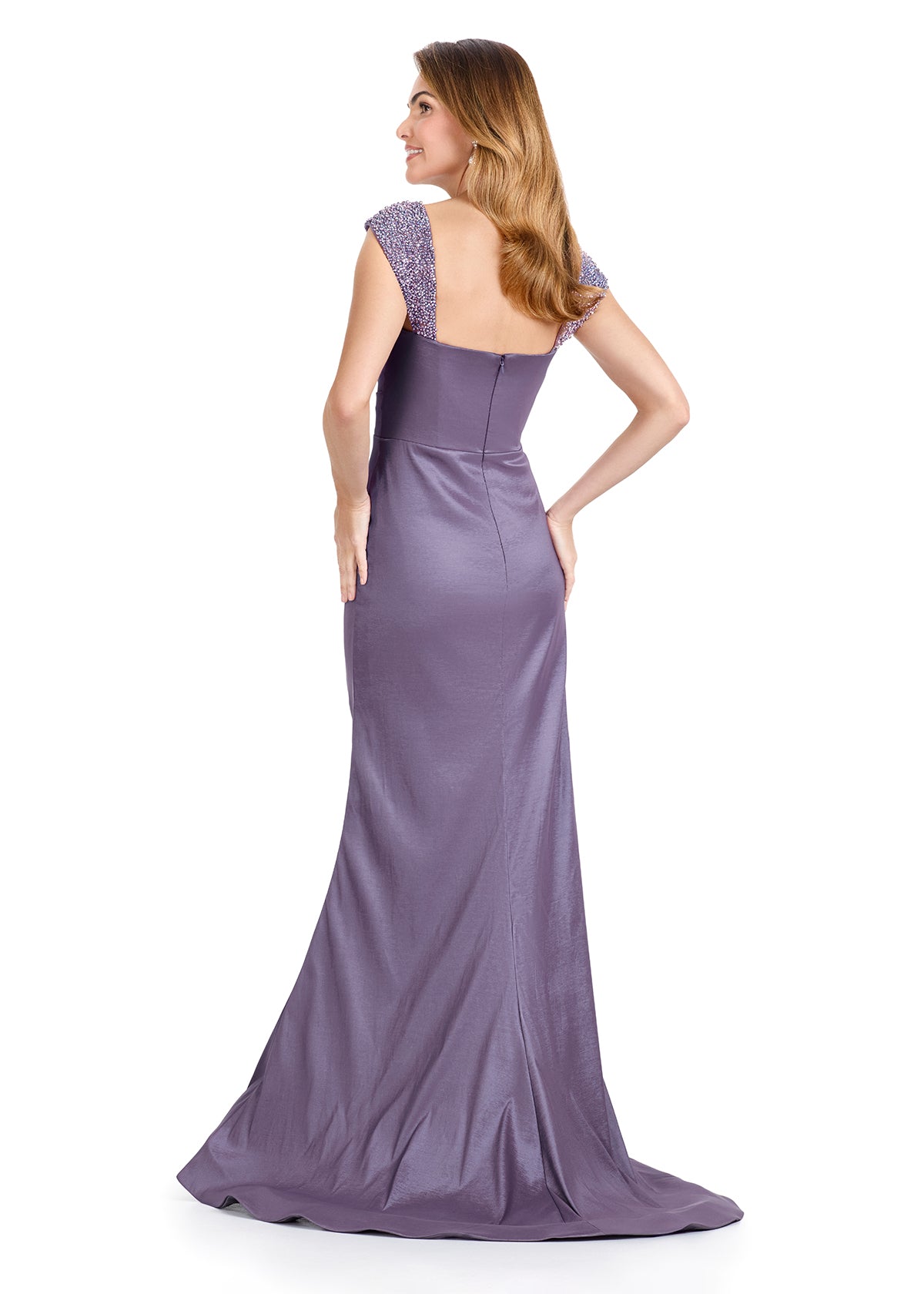 ASHLEYlauren E12096 – Beaded Cap Sleeve Taffeta Fit-and-Flare Gown