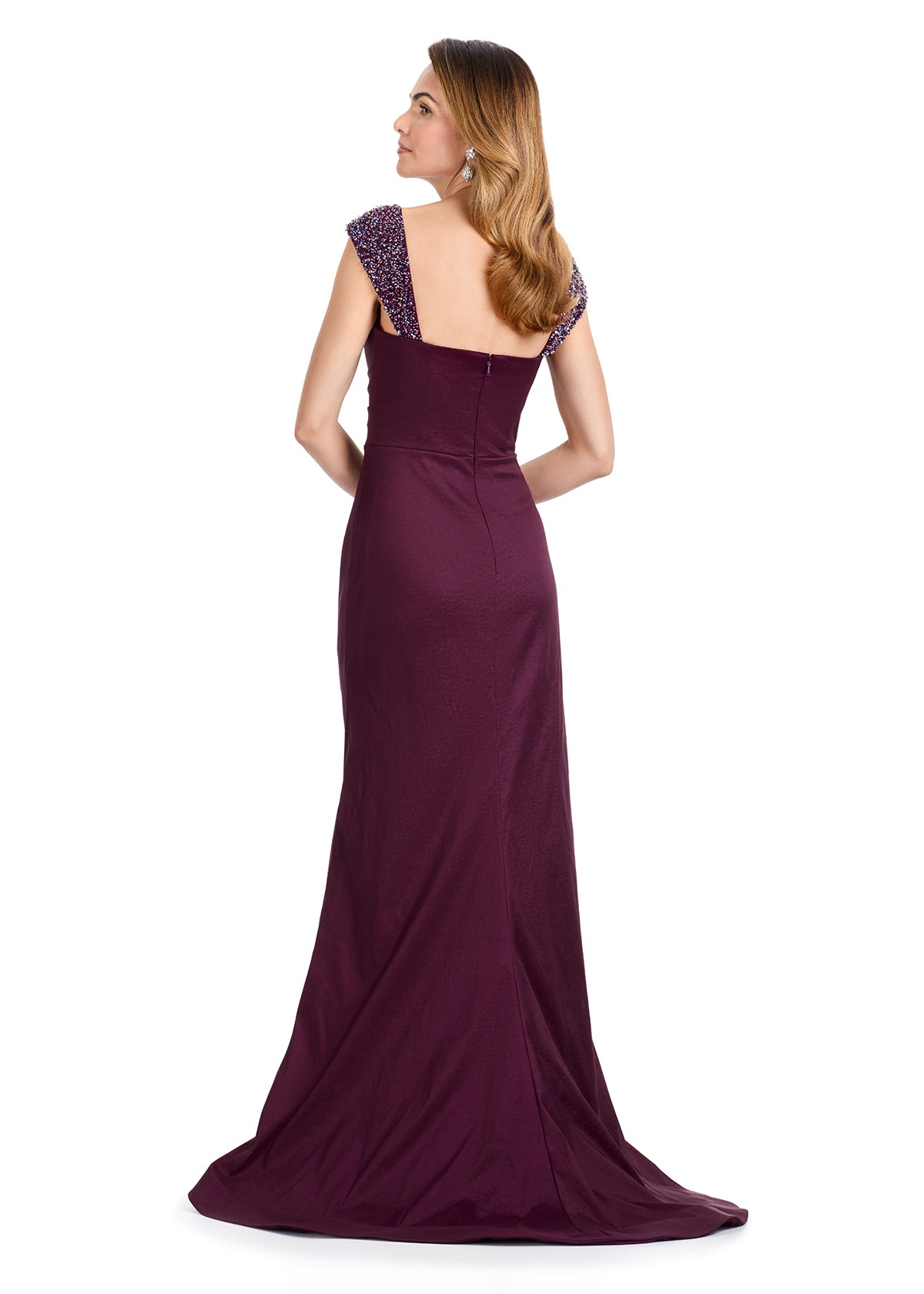 ASHLEYlauren E12096 – Beaded Cap Sleeve Taffeta Fit-and-Flare Gown