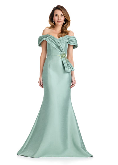 ASHLEYlauren E12103 | Sage off-shoulder Mikado mermaid gown with pleated neckline, crystal bow embellishment, and flared hem.