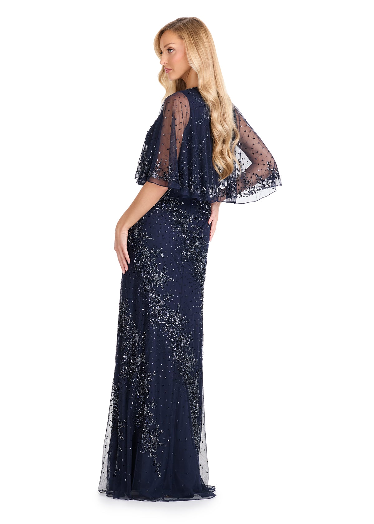 ASHLEYlauren E12114 Beaded Gown with Cape Sleeves