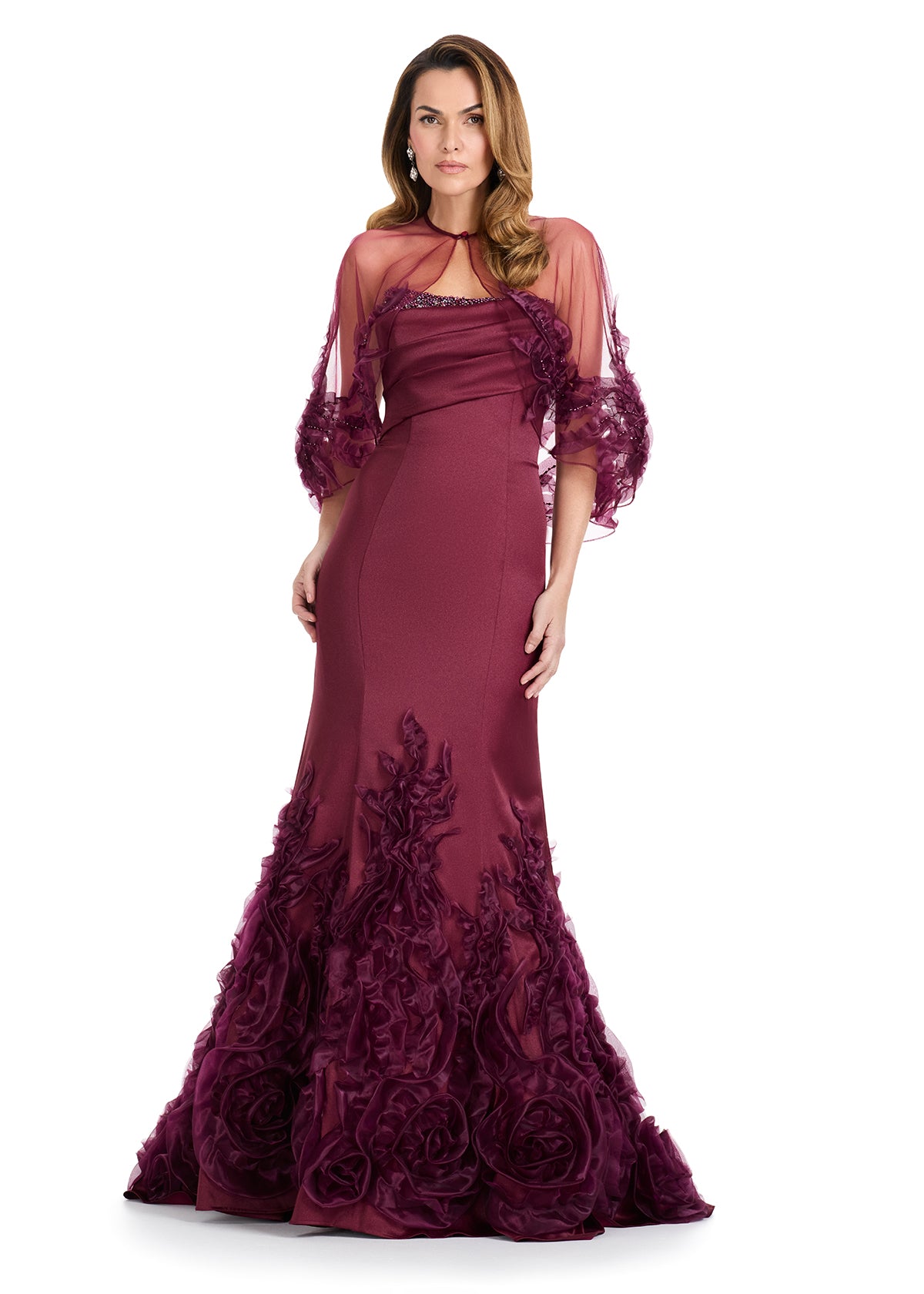ASHLEYlauren E12123 Satin Gown with Sheer Appliqué Cape