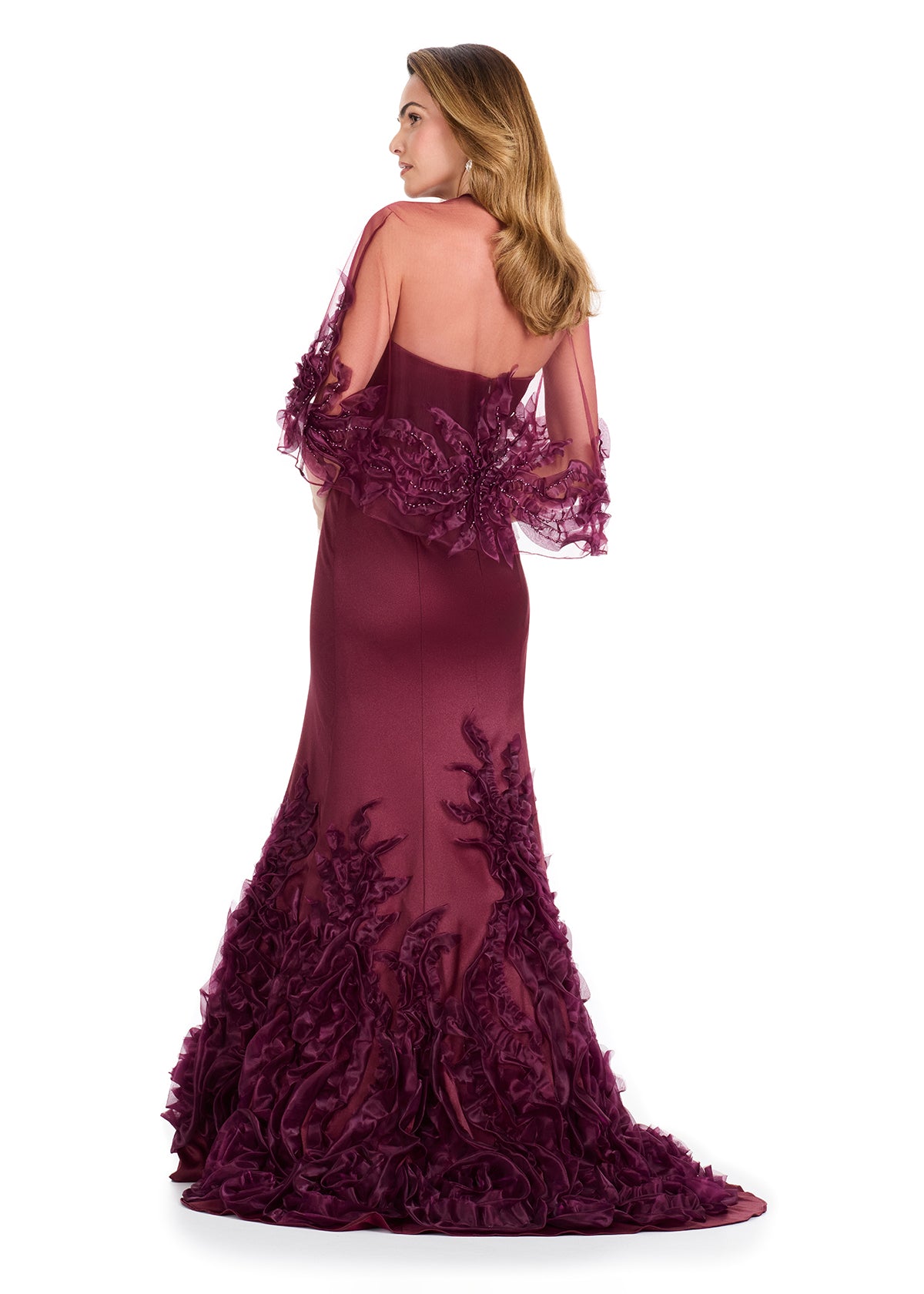 ASHLEYlauren E12123 Satin Gown with Sheer Appliqué Cape