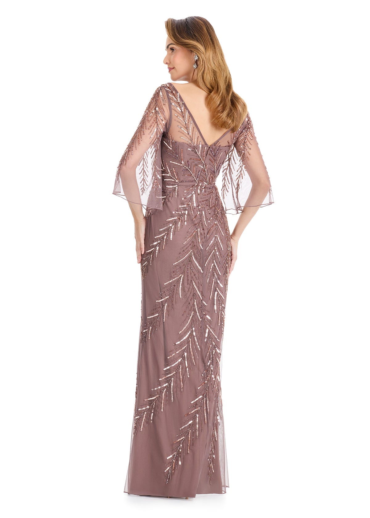 ASHLEYlauren E12124 – Beaded Long-Sleeve Illusion Evening Gown