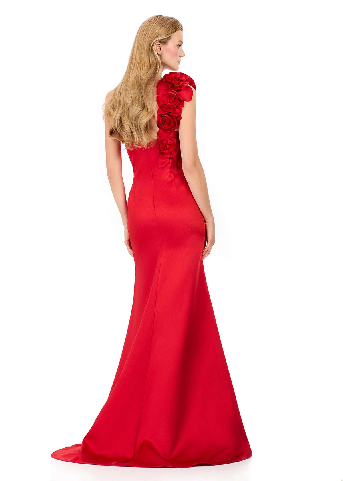 ASHLEYlauren E12158 – Satin One-Shoulder Floral Appliqué Gown
