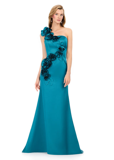 ASHLEYlauren E12159 | Dark-Teal sculpted satin gown featuring cascading floral appliqués and elegant one-shoulder design.