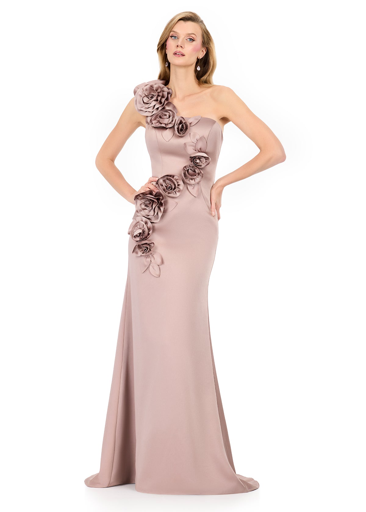 ASHLEYlauren E12159 Satin One-Shoulder Floral Appliqu Gown ASHLEYlauren E12159 Satin One-Shoulder Floral Appliqu Gown