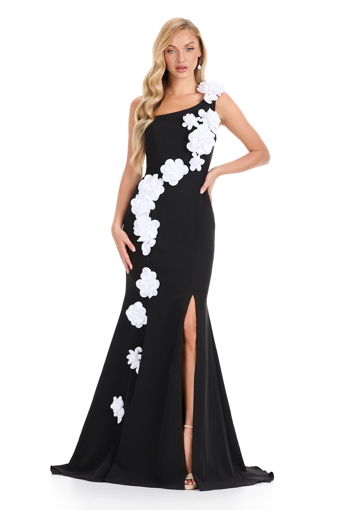 ASHLEYlauren 11898 One-Shoulder Satin Gown with Floral Detail