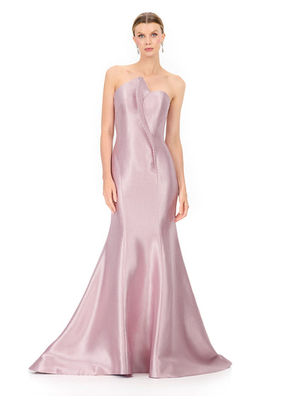 ASHLEYlauren E12318 | Mauve structured satin evening gown featuring beaded detailing, strapless neckline, and sleek fitted design.