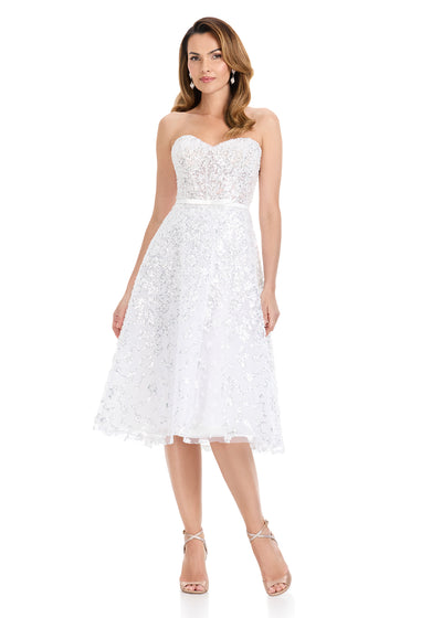 ASHLEYlauren E4922 Dress | Ivory strapless A-line gown with sweetheart neckline, delicate waist belt, and shimmering sequinned lace for vintage-inspired bridal elegance.