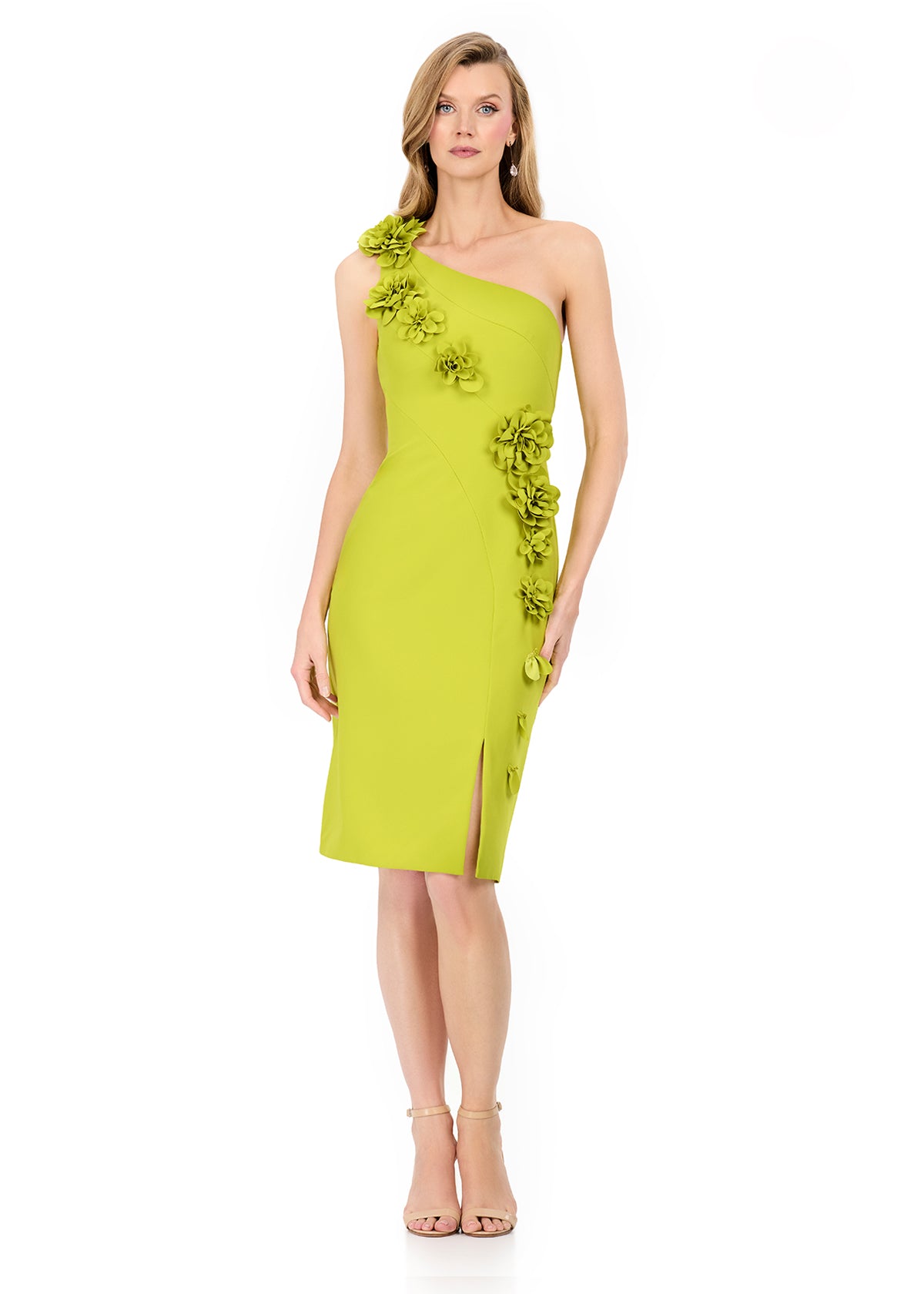 ASHLEYlauren E4961 – One-Shoulder Floral Appliqué Jersey Cocktail