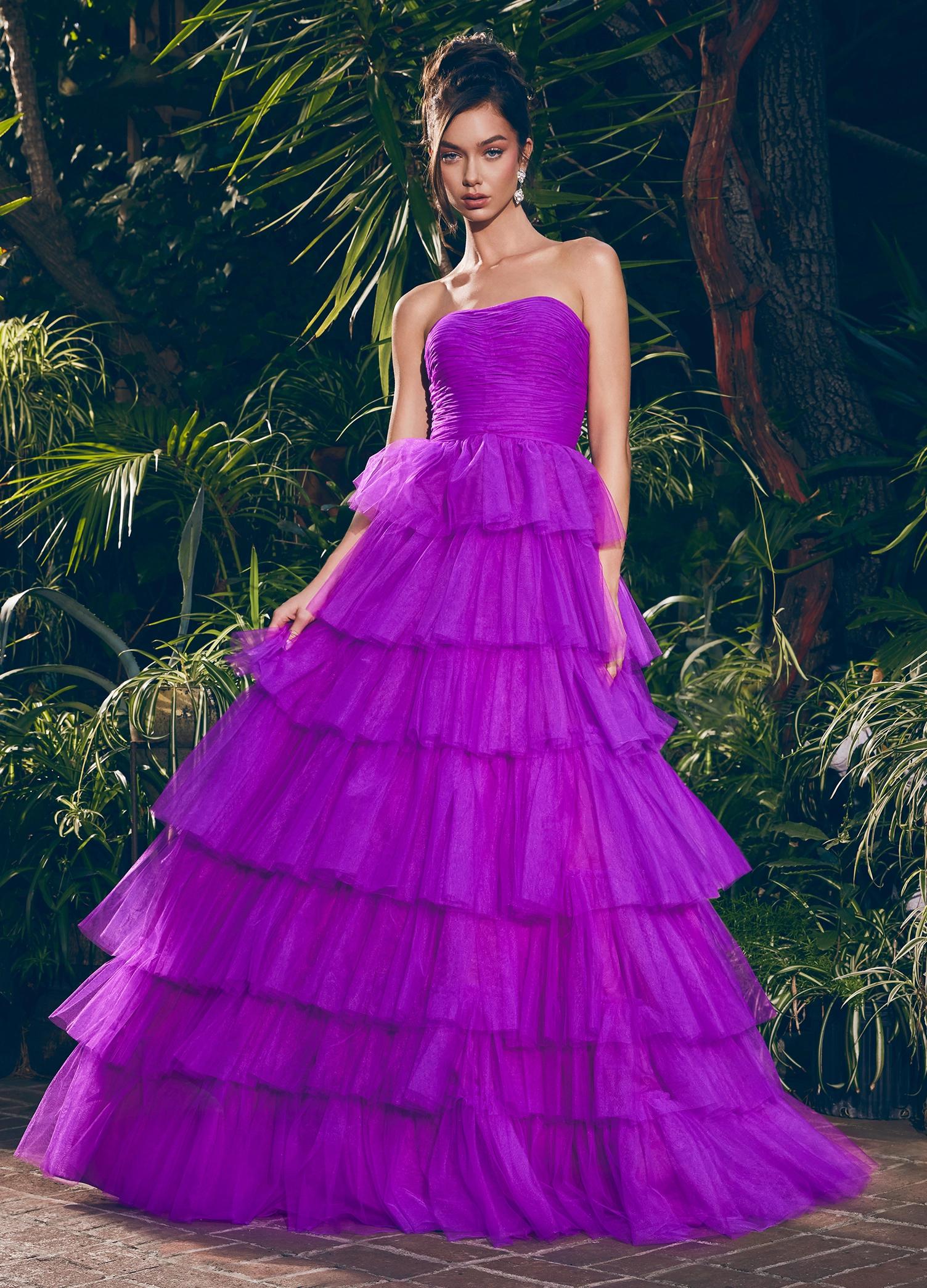 Purple ASHLEYlauren 11621 Strapless Tulle Ball Gown with Ruched Bustier and Layered Multi-Tiered Skirt