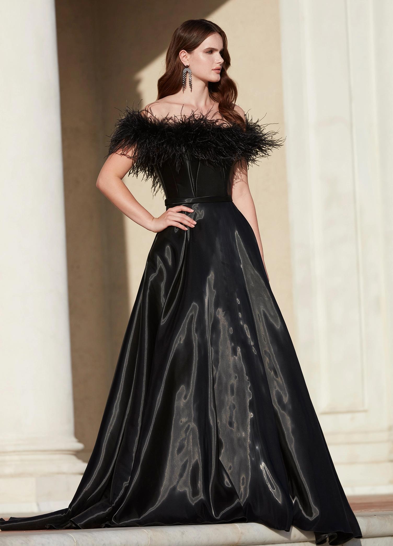 Editorial ASHLEYlauren 11382 Elegant Off Shoulder Ball Gown in Phantom Satin with Feather Accent Neckline and Flowing A-Line Skirt