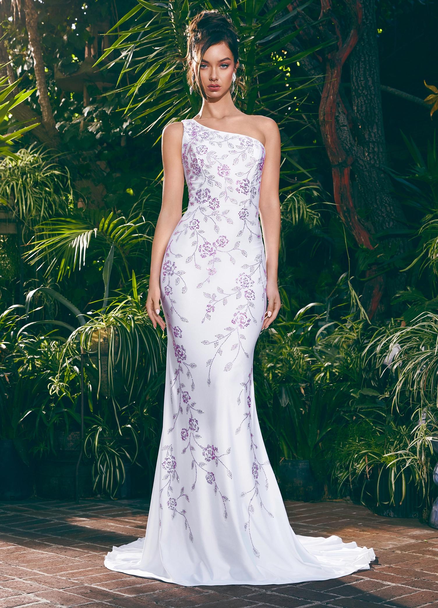 ASHLEYlauren 11525 One Shoulder Fitted Jersey Gown with Delicate Multi-Coloured Floral Heat Set Stones Cascading Down Skirt and Sweep Train