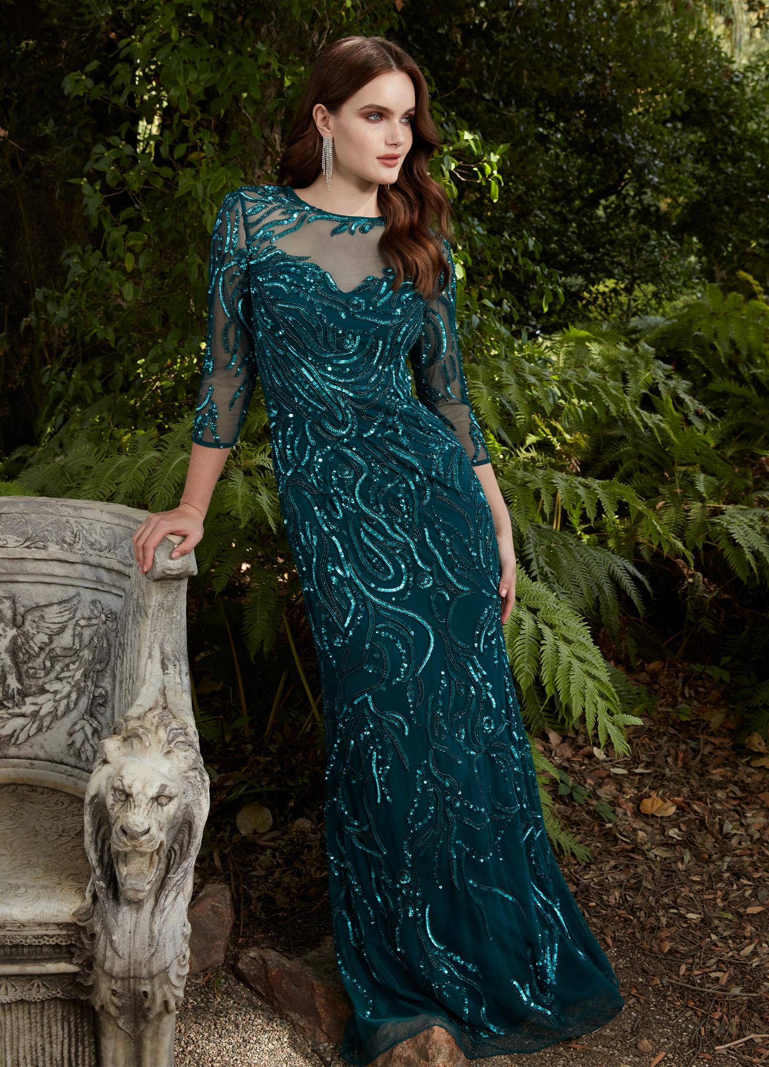 Dark teal ASHLEYlauren 11208 Elegant Evening Gown with Crew Neckline, Intricate Hand Beaded Design, Fitted Mesh Sleeves, and High Illusion Back
