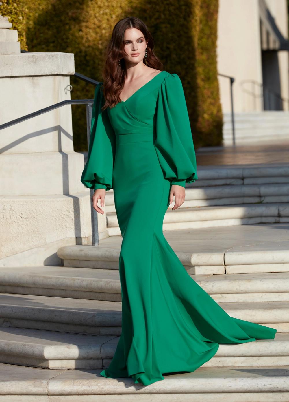 Emerald ASHLEYlauren 11345 Elegant Fitted Scuba Evening Gown with Draped V-Neckline, Flowing Bishop Sleeves, and Sweep Train