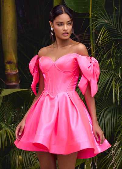 Hot Pink ASHLEYlauren 4788 satin cocktail dress featuring a sweetheart neckline, off shoulder bow details, corset bustier, and a full A-line skirt for a dainty, elegant, and timeless look.