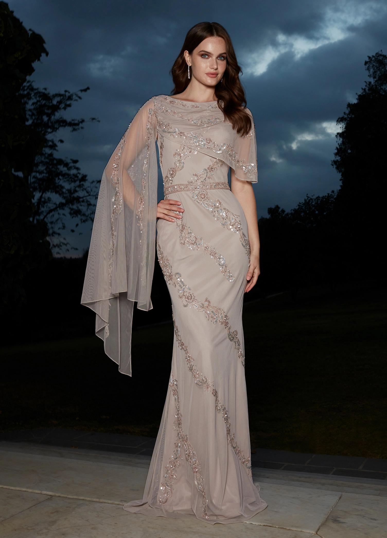 Marble ASHLEYlauren 11213 Elegant Hand Beaded Gown with Crew Neckline, Intricate Bead Motif, Asymmetrical Overlay Detail, and High Back