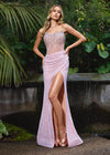 ASHLEYlauren 11238 | Nude jaw-dropping strapless gown featuring a fitted silhouette, corset bustier with stunning crystal beadwork, a fully beaded wrap skirt, and a left leg slit for a glamorous red carpet-worthy look.