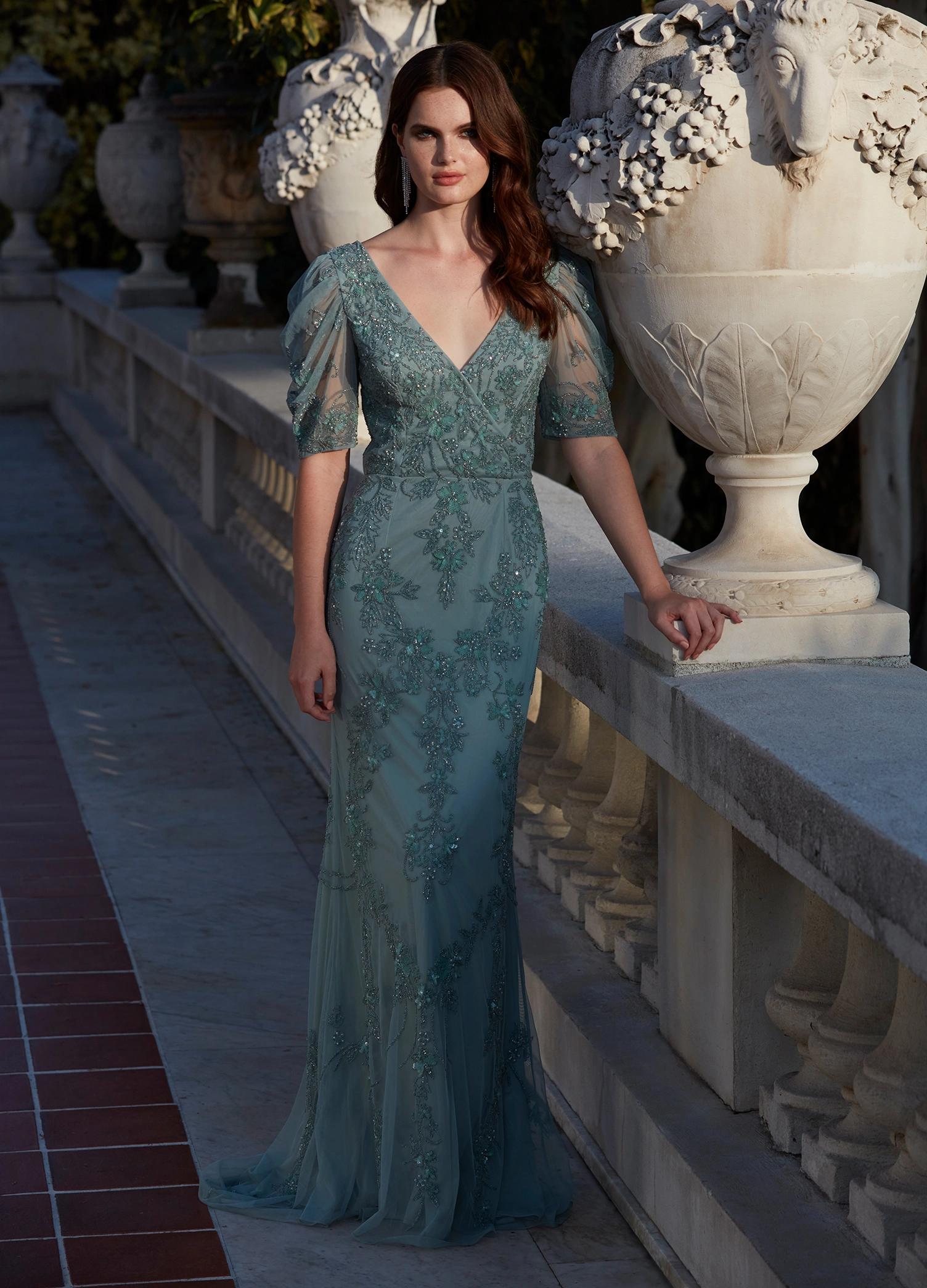 Sage ASHLEYlauren 11234 Elegant Fully Beaded Gown with V-Neckline, Wrap Style Bustier, and Sheer Ruffled Puff Mesh Sleeves