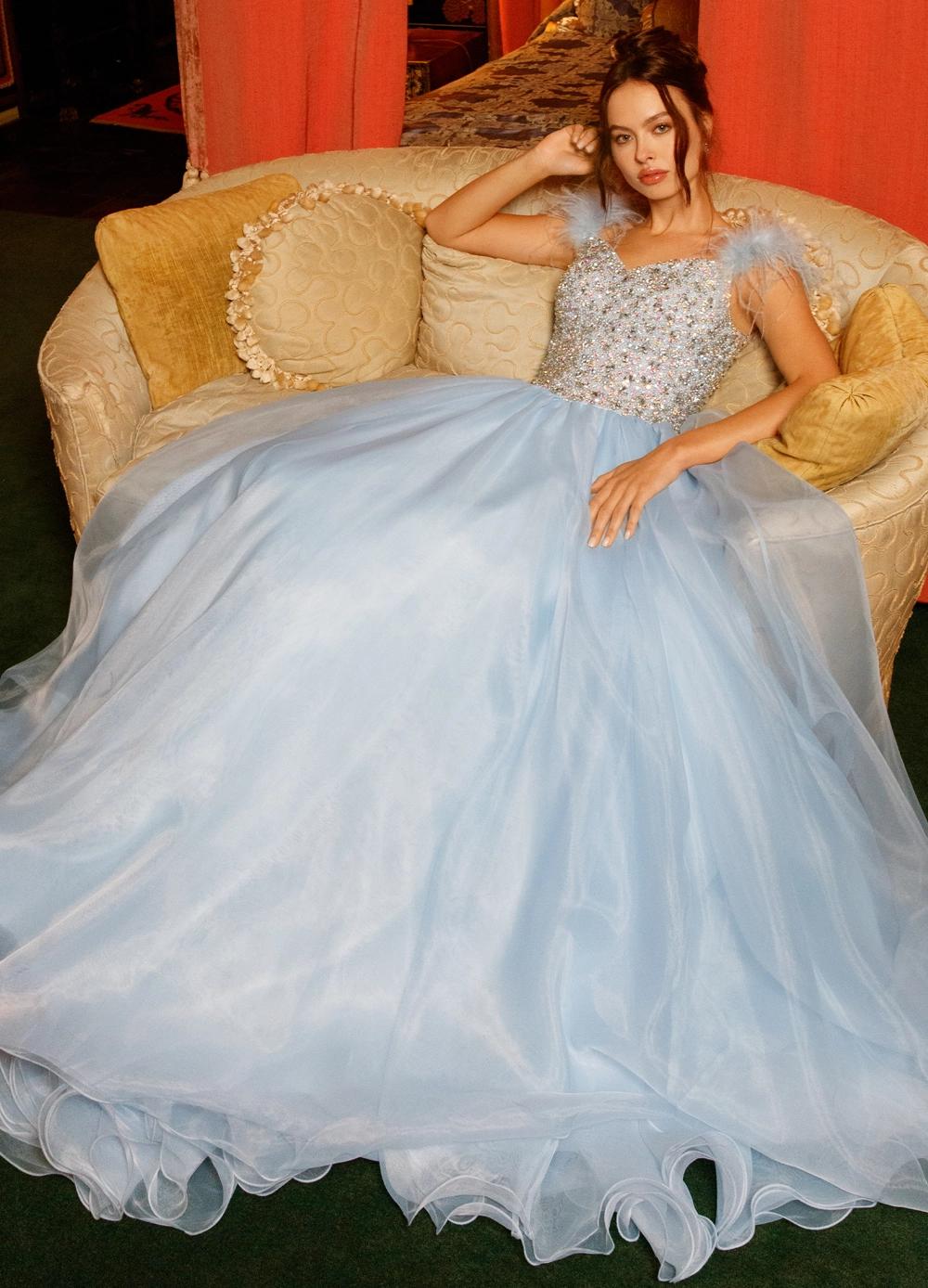 Editorial - Sky ASHLEYlauren 11314 off shoulder gown featuring feather straps, a crystal-encrusted bustier, and a flowing organza A-line skirt with wire hem.