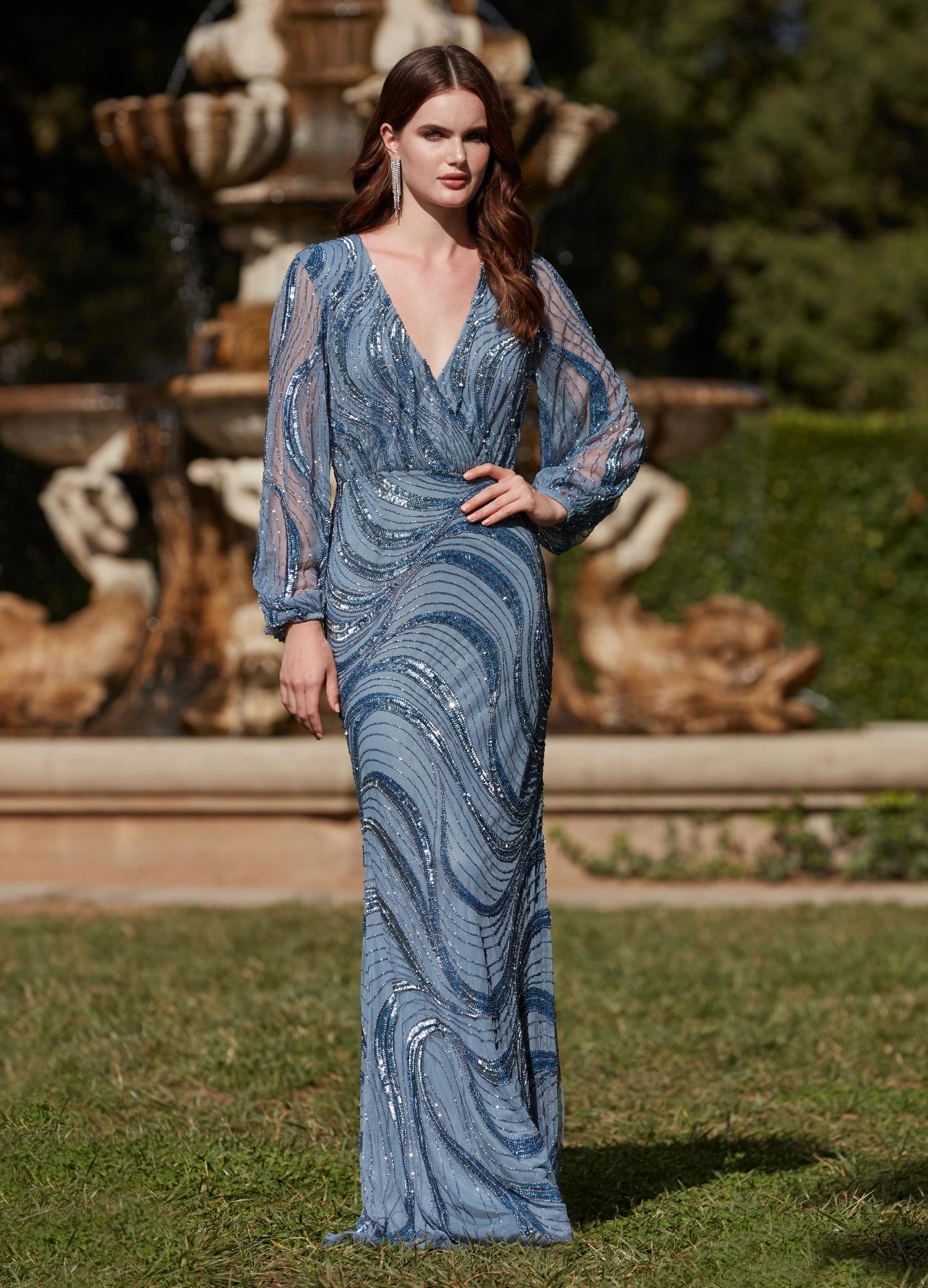 Vintage Blue ASHLEYlauren 11210 Modern Hand Beaded Gown with V-Neckline, Flowing Balloon Sleeves, Intricate Bead Motif, and High Back