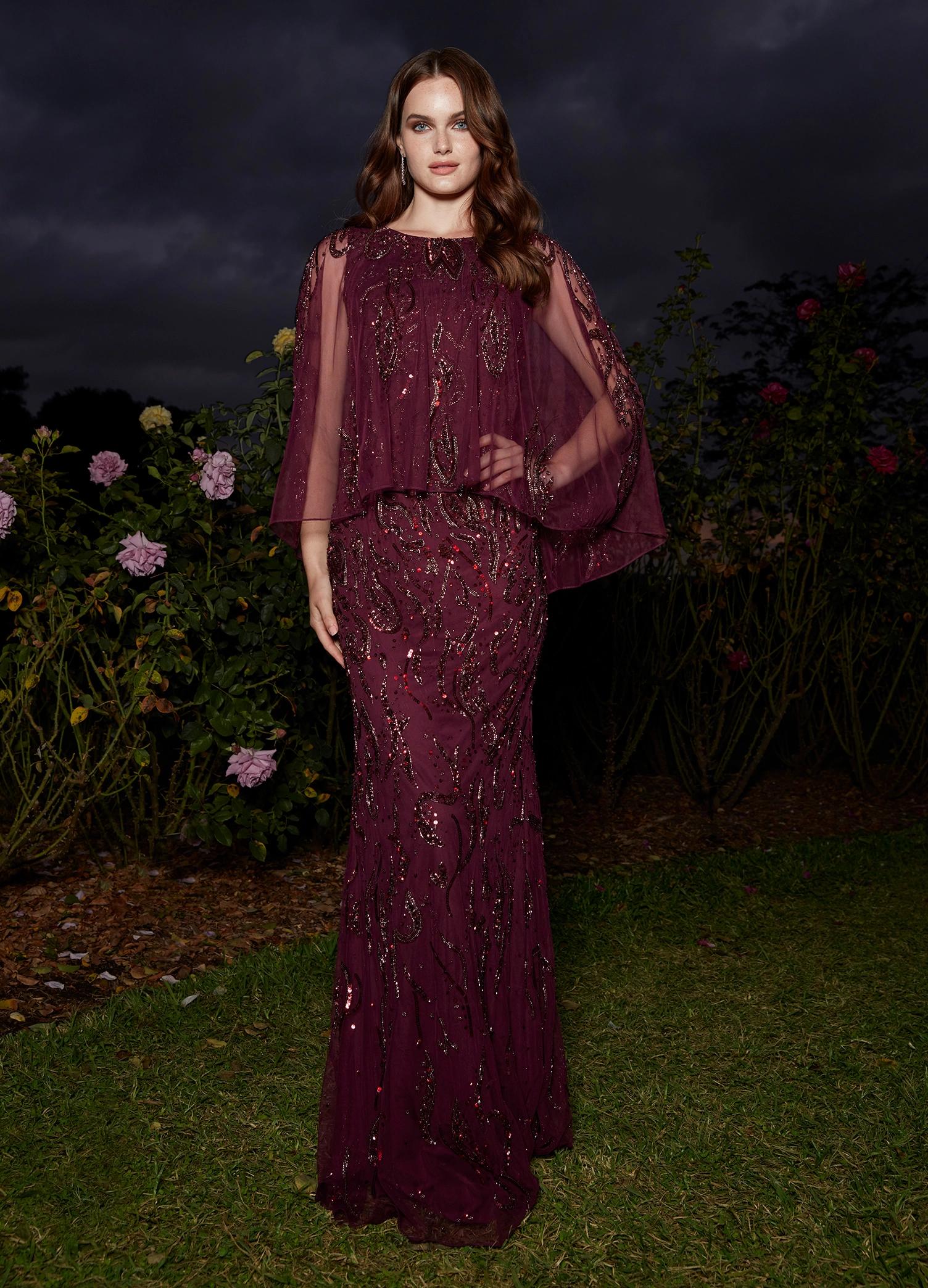 Wine ASHLEYlauren 11214 Timeless Hand Beaded Gown with Crew Neckline, Sparkling Sequin Motif, Sheer Overlay, and High Back for an Elegant Look