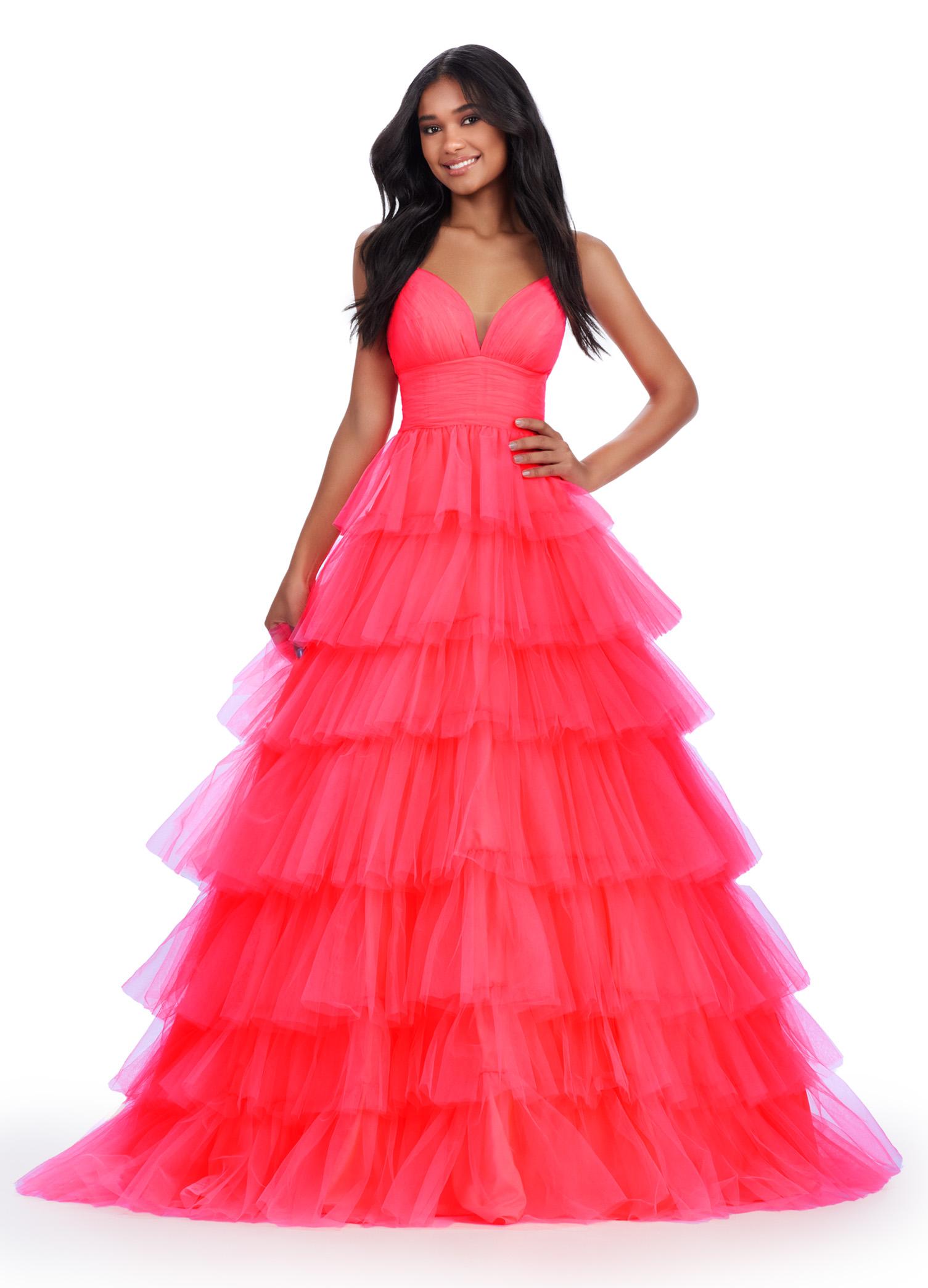 Electric Coral ASHLEYlauren 11622 Tulle Ball Gown with Sweetheart Neckline, Ruched Bustier, Spaghetti Straps, and Tiered Tulle Skirt
