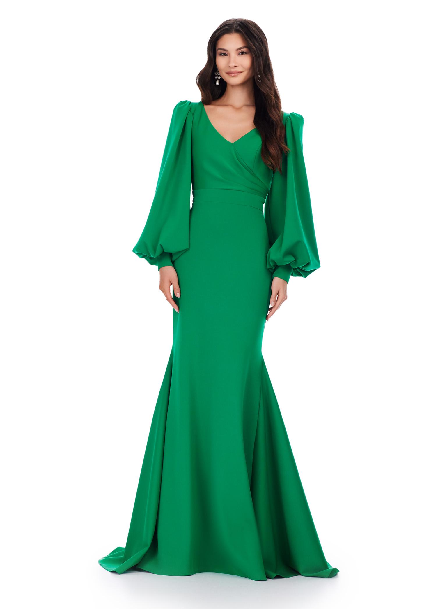 Emerald ASHLEYlauren 11345 Elegant Fitted Scuba Evening Gown with Draped V-Neckline, Flowing Bishop Sleeves, and Sweep Train