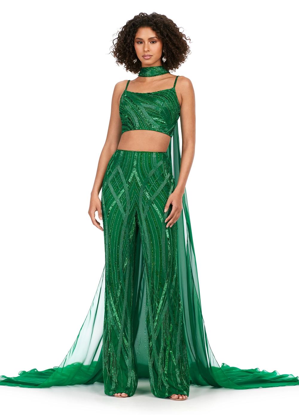 Emerald ASHLEYlauren 11385 statement two-piece jumpsuit featuring an intricately hand-beaded bustier and pants, a matching beaded choker, and a dramatic chiffon cape for a bold and fashion-forward look.