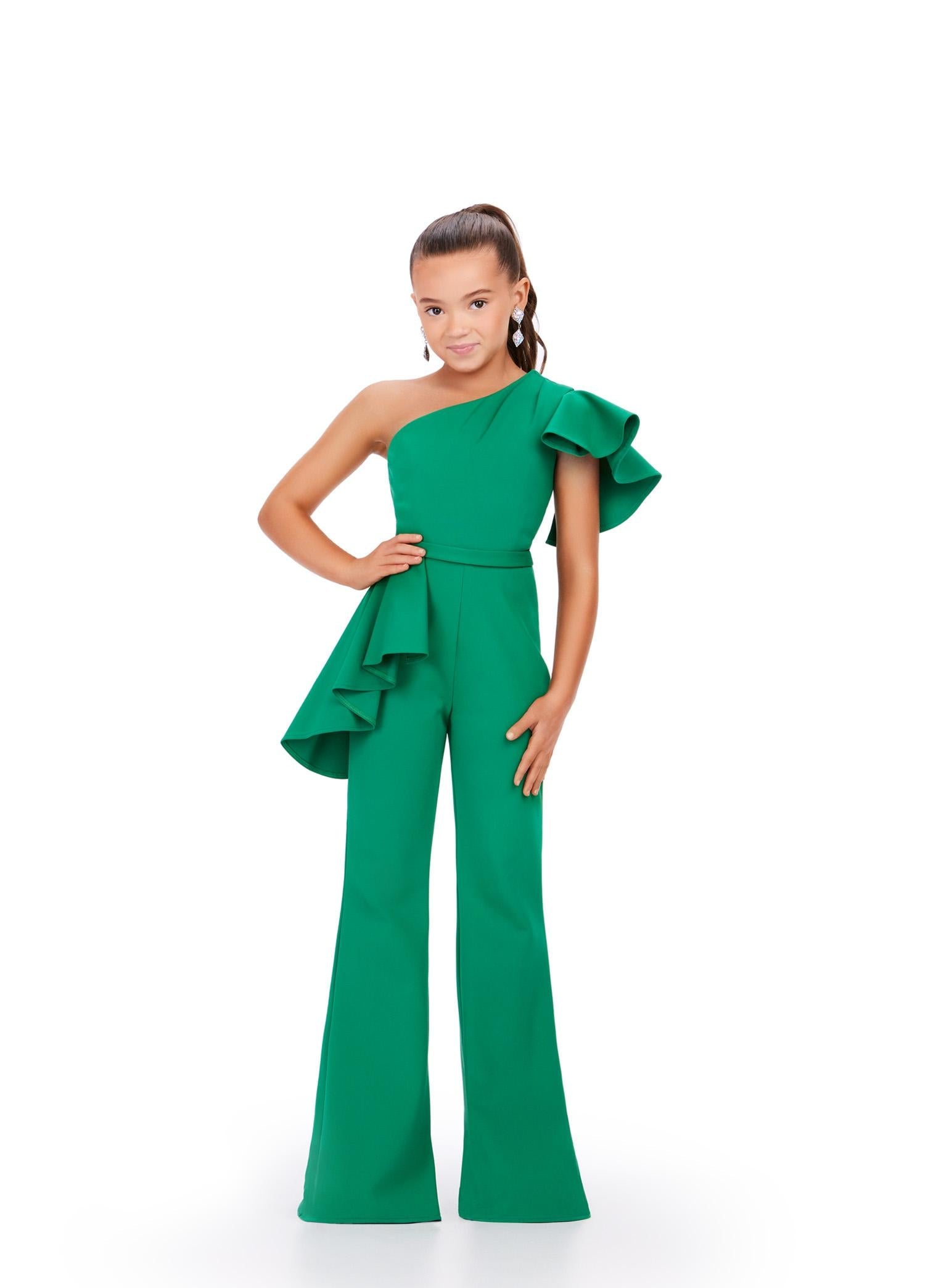 Emerald ASHLEYlauren Kids 8202 One Shoulder Scuba Jumpsuit with Ruffle Accents