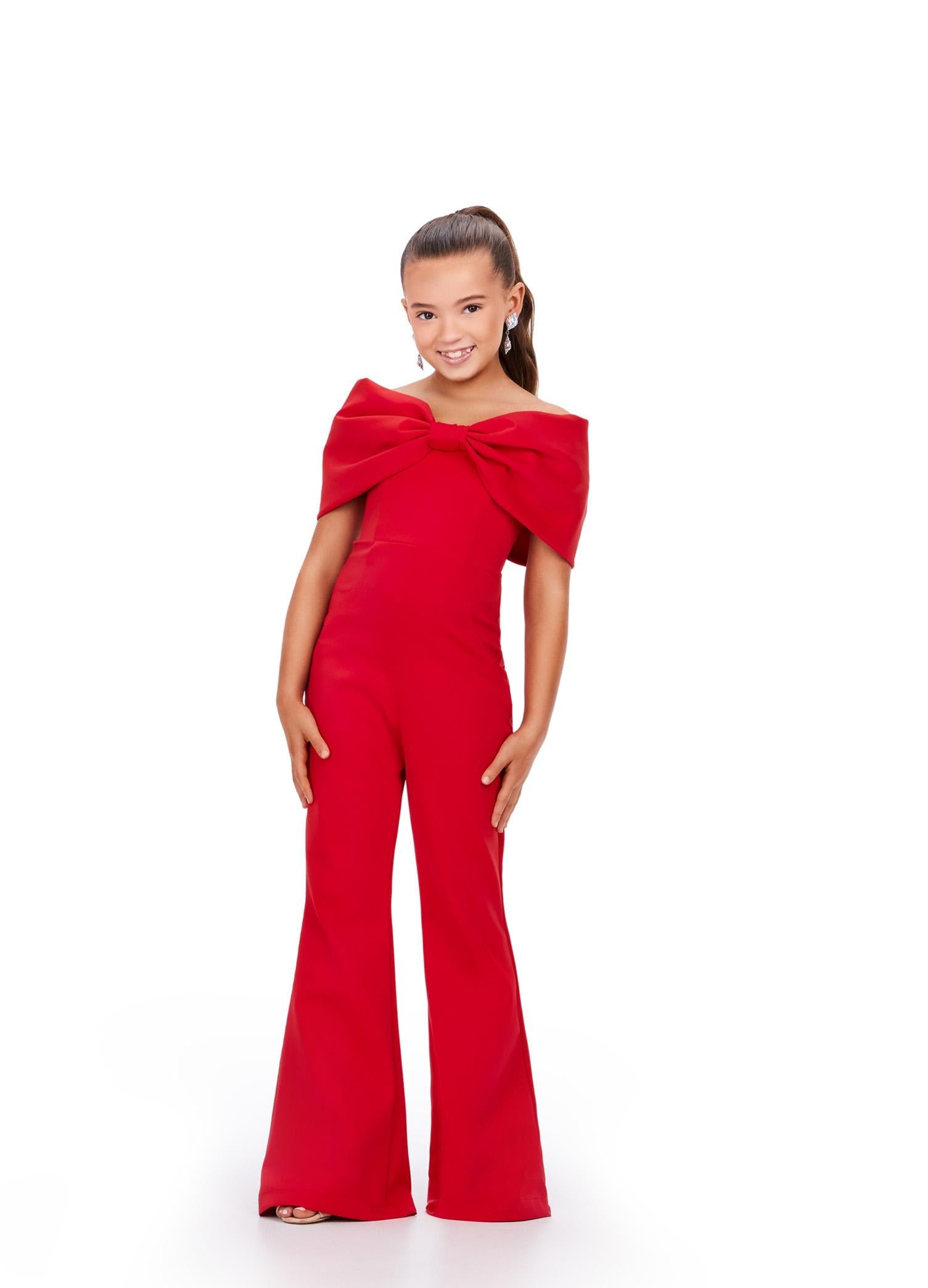 Front- ASHLEYlauren Kids 8227 Red Off Shoulder Scuba Jumpsuit with Oversized Bow. 