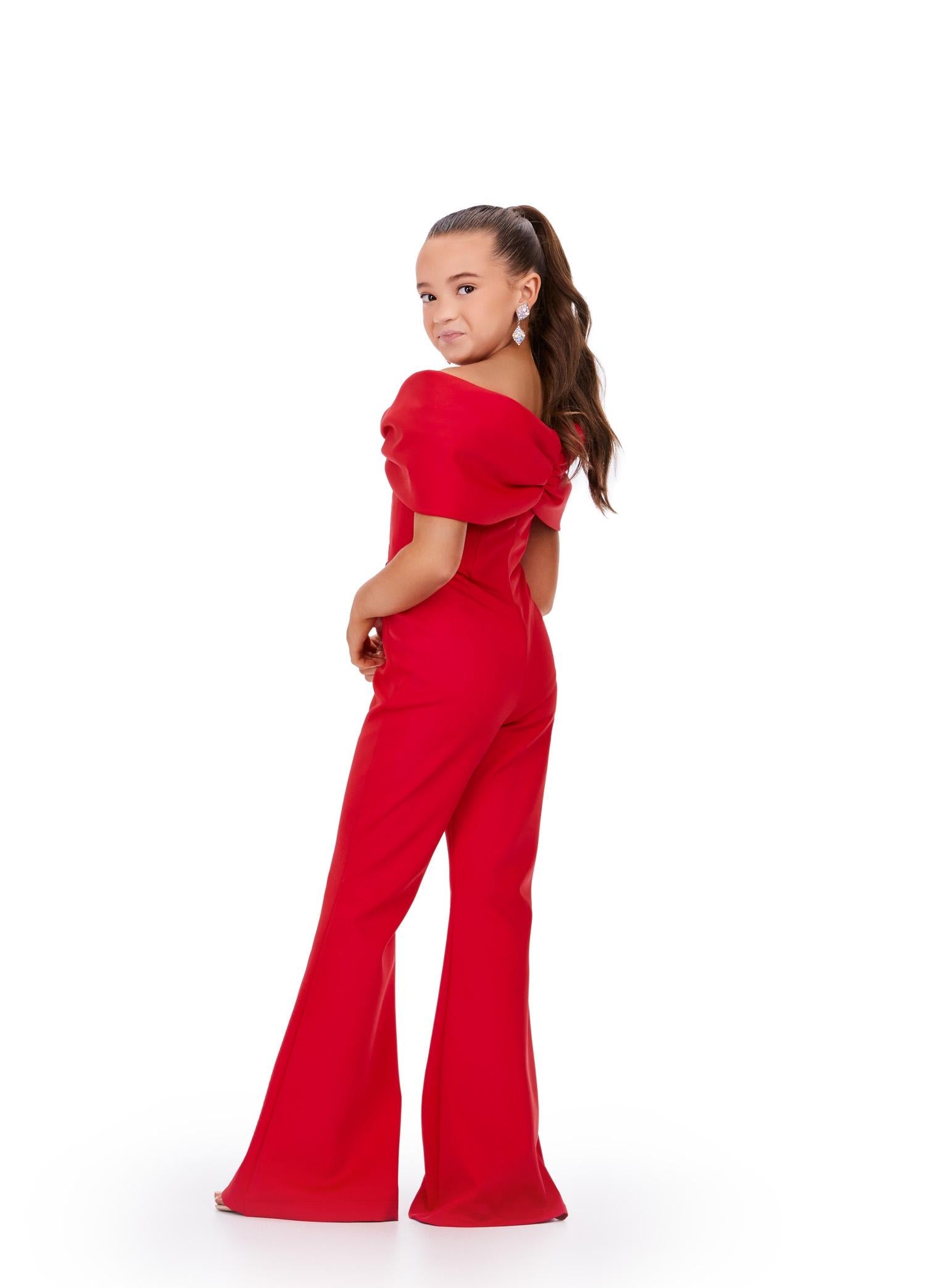 Back- ASHLEYlauren Kids 8227 Red Off Shoulder Scuba Jumpsuit with Oversized Bow. 