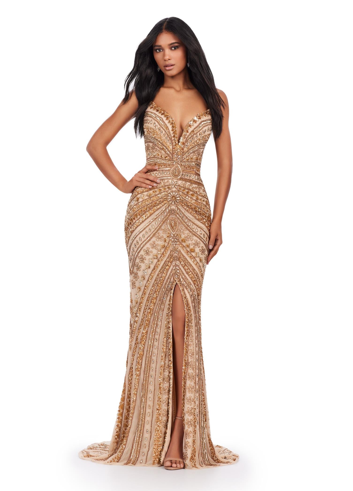 Front. ASHLEYlauren 11488 gold Strapless Fully Beaded Gown with Sweetheart Neckline, Intricate Beaded Pattern, Center Slit, and V-Back Design