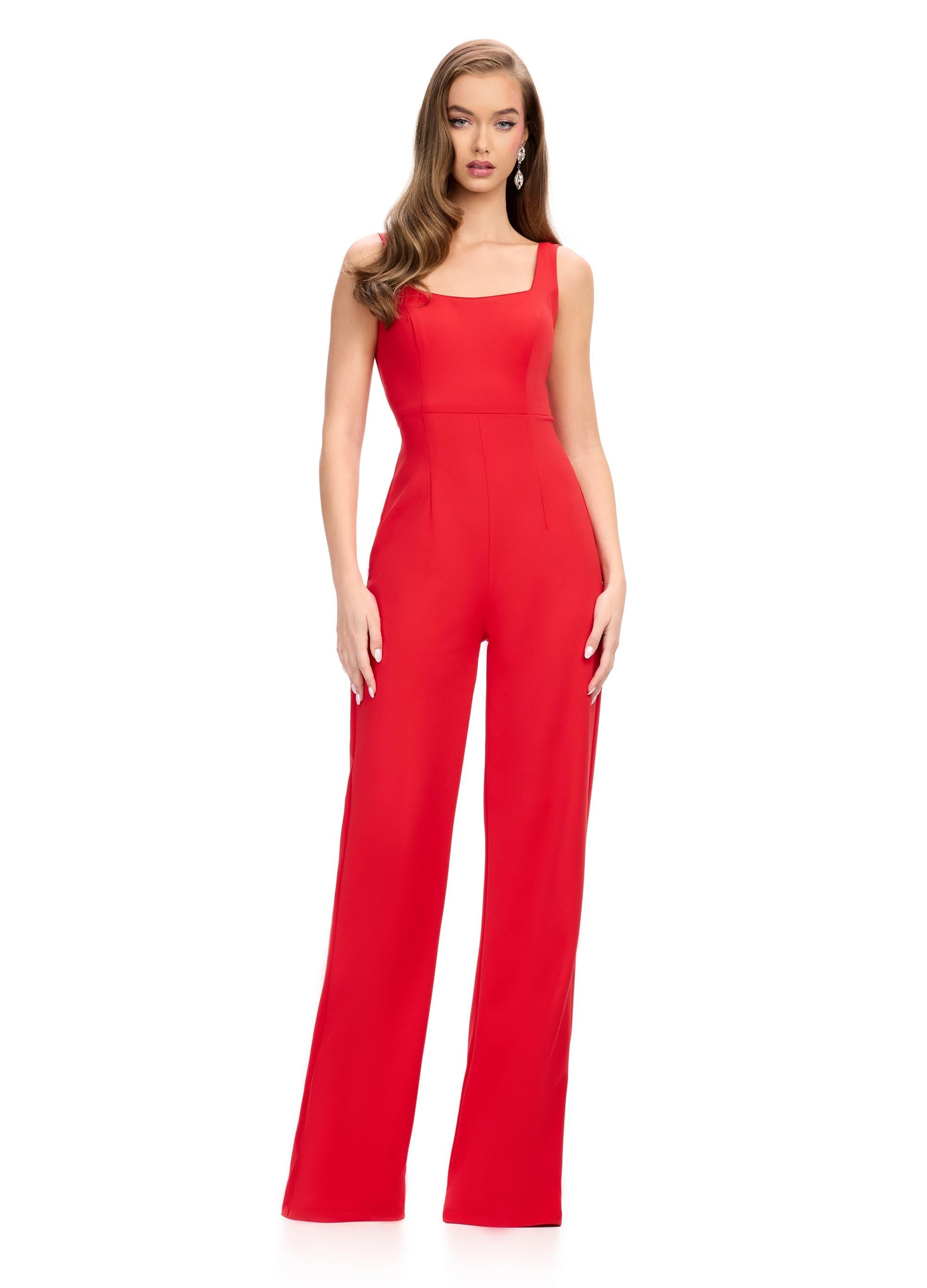 Front. ASHLEYlauren 11760 Red Scuba Jumpsuit with Spaghetti Straps and Removable Ruffle-Accented Jacket for a Bold, Stylish Look